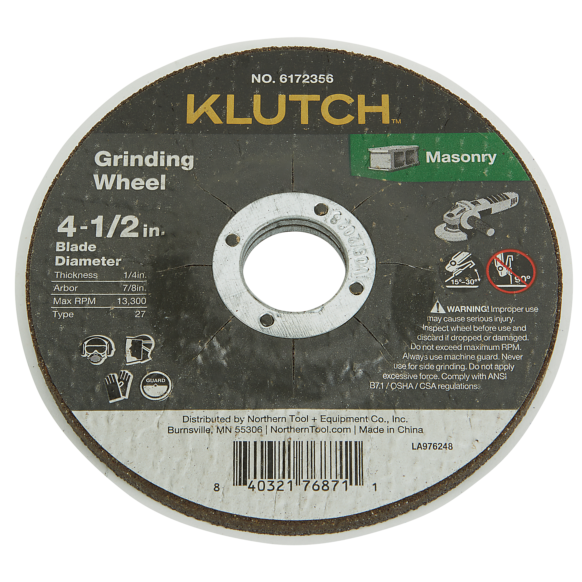 Klutch Masonry Grinding Wheel, 4-1/2in. x 1/4in. x 7/8in., Type 27