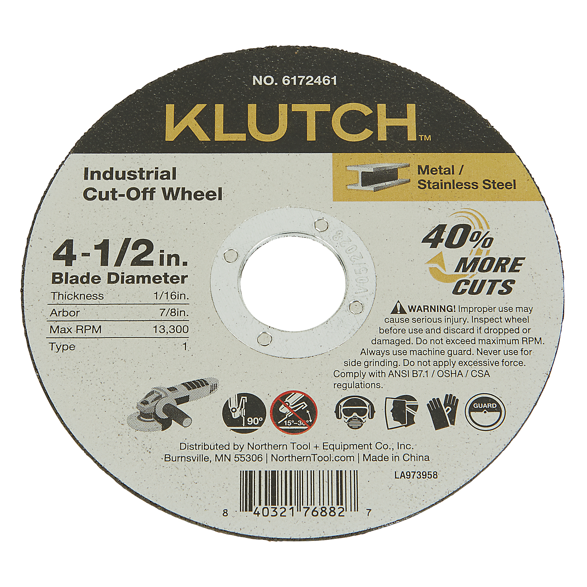 Klutch Industrial RCB Metal Cutoff Wheel, 4-1/2in. x 1/16in. x 7/8in., Type 1