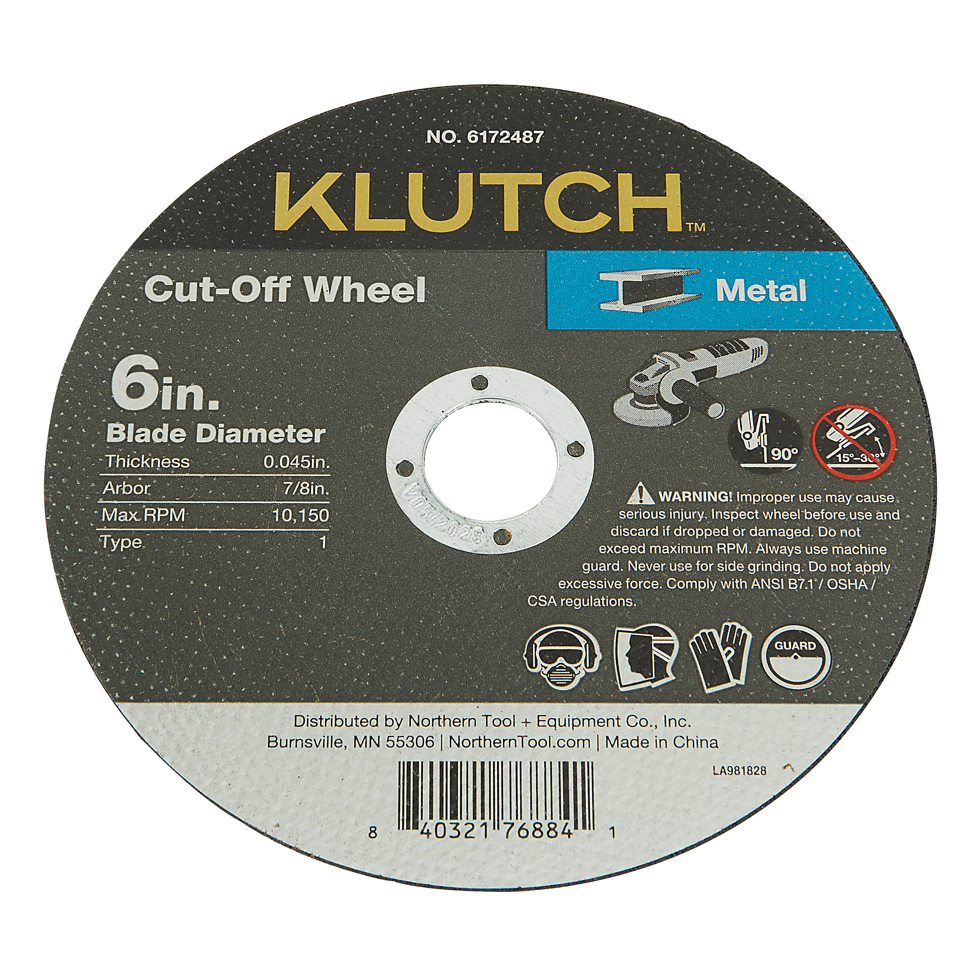 Klutch RCB Metal Cutoff Wheel, 6in. x 0.04in x 7/8in., Type 1