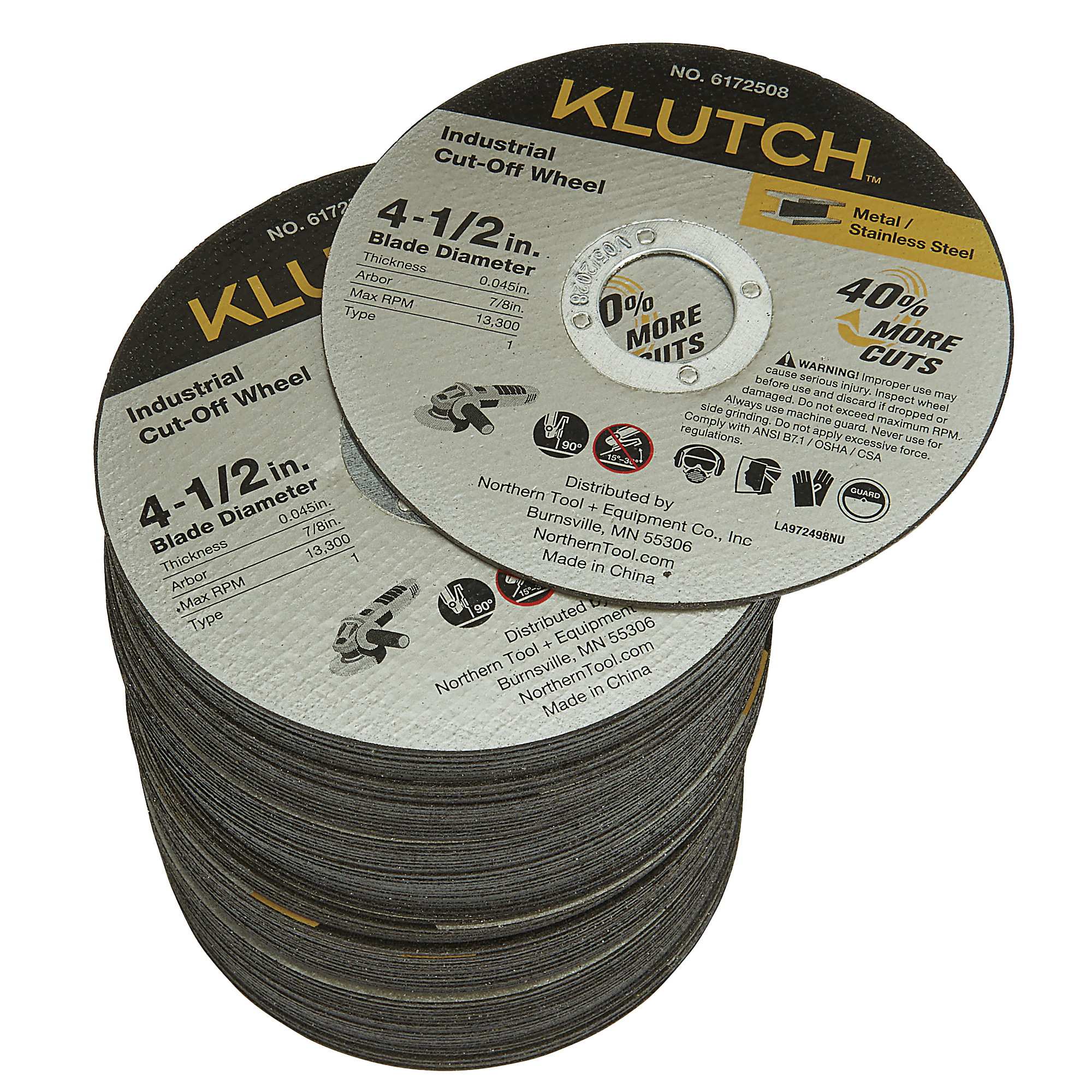 Klutch Industrial Metal Cutoff Wheels, 4-1/2in. x .045in. x 7/8in., Type 1, 100-Pk.