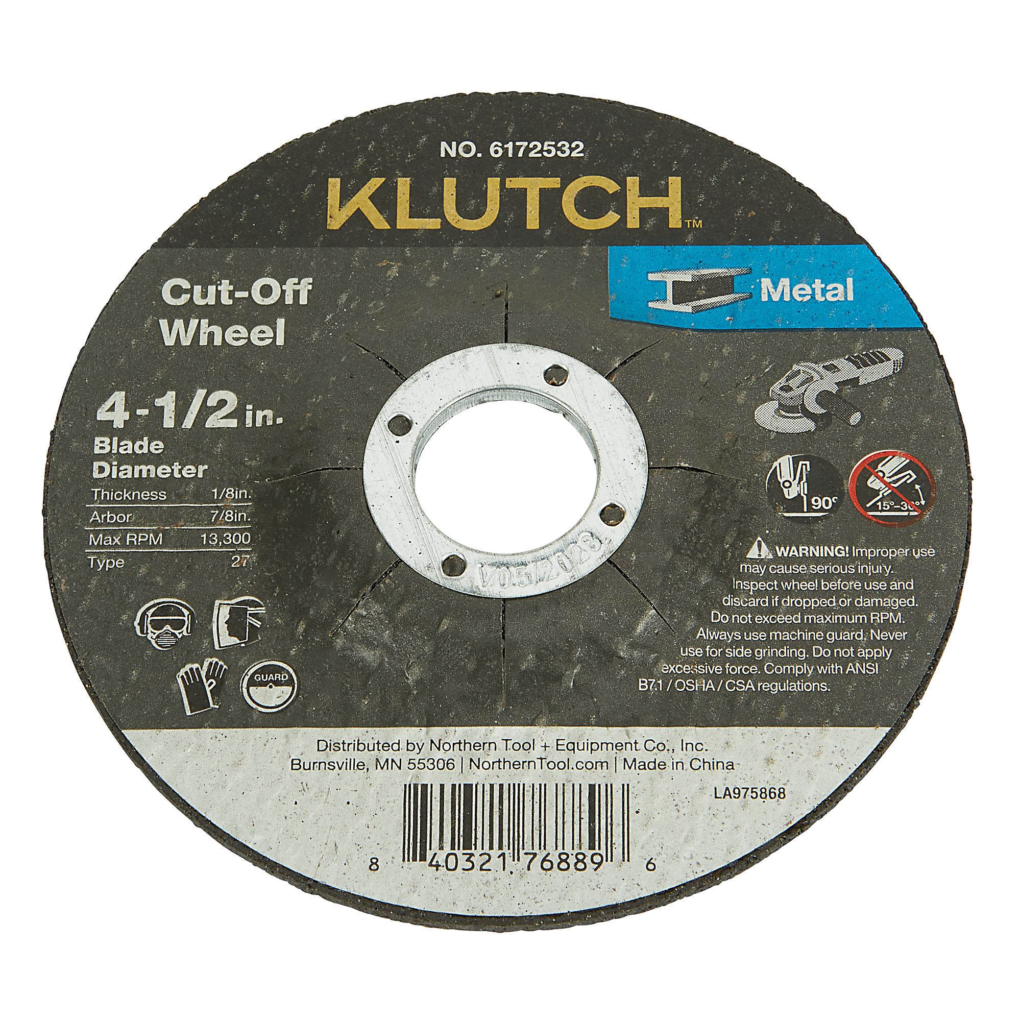 Klutch Metal Cutoff Wheel, 4-1/2in. x 1/8in. x 7/8in., Type 27