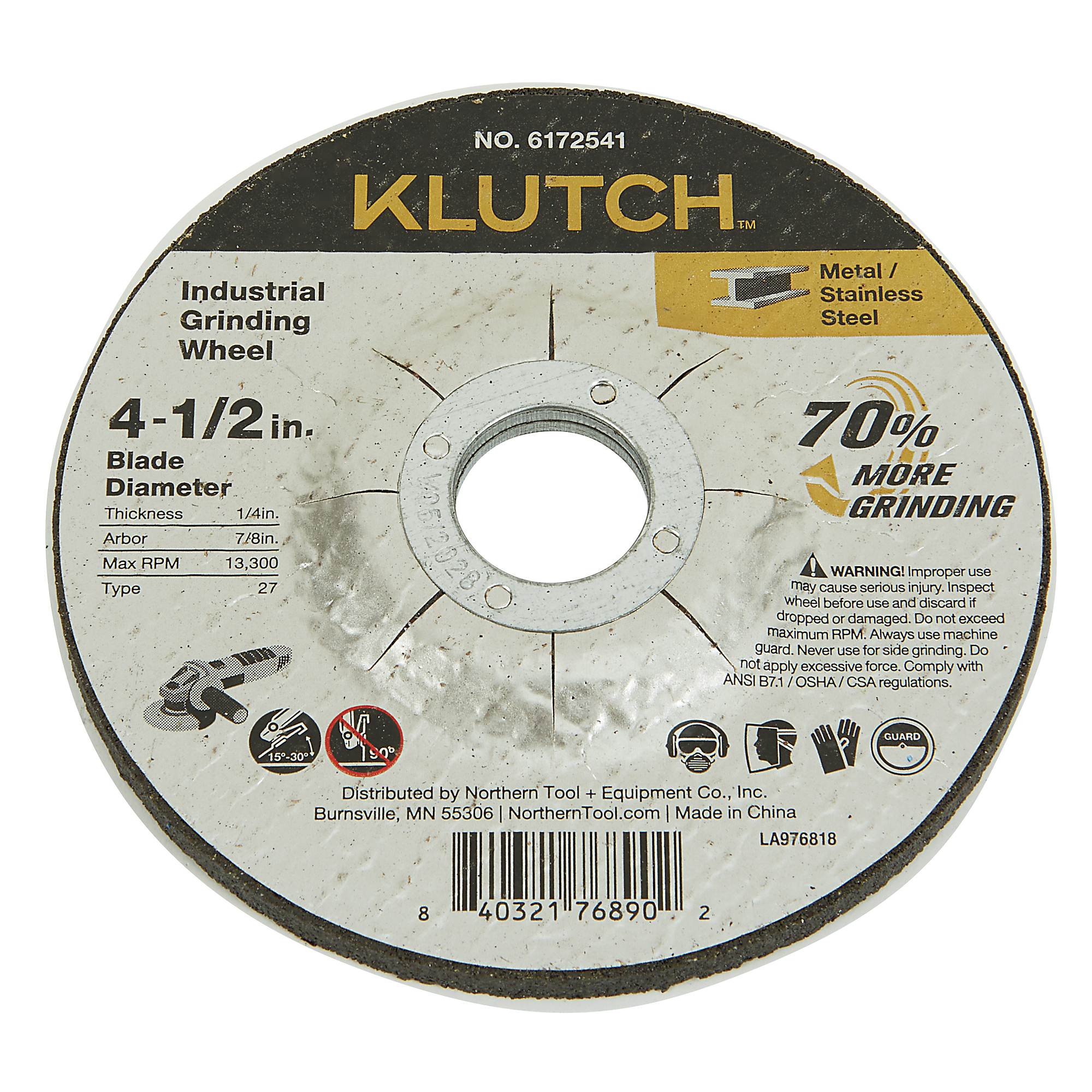 Klutch Industrial DCW Metal Grinding Wheel, 4-1/2in. x 1/4in. x 7/8in., Type 27