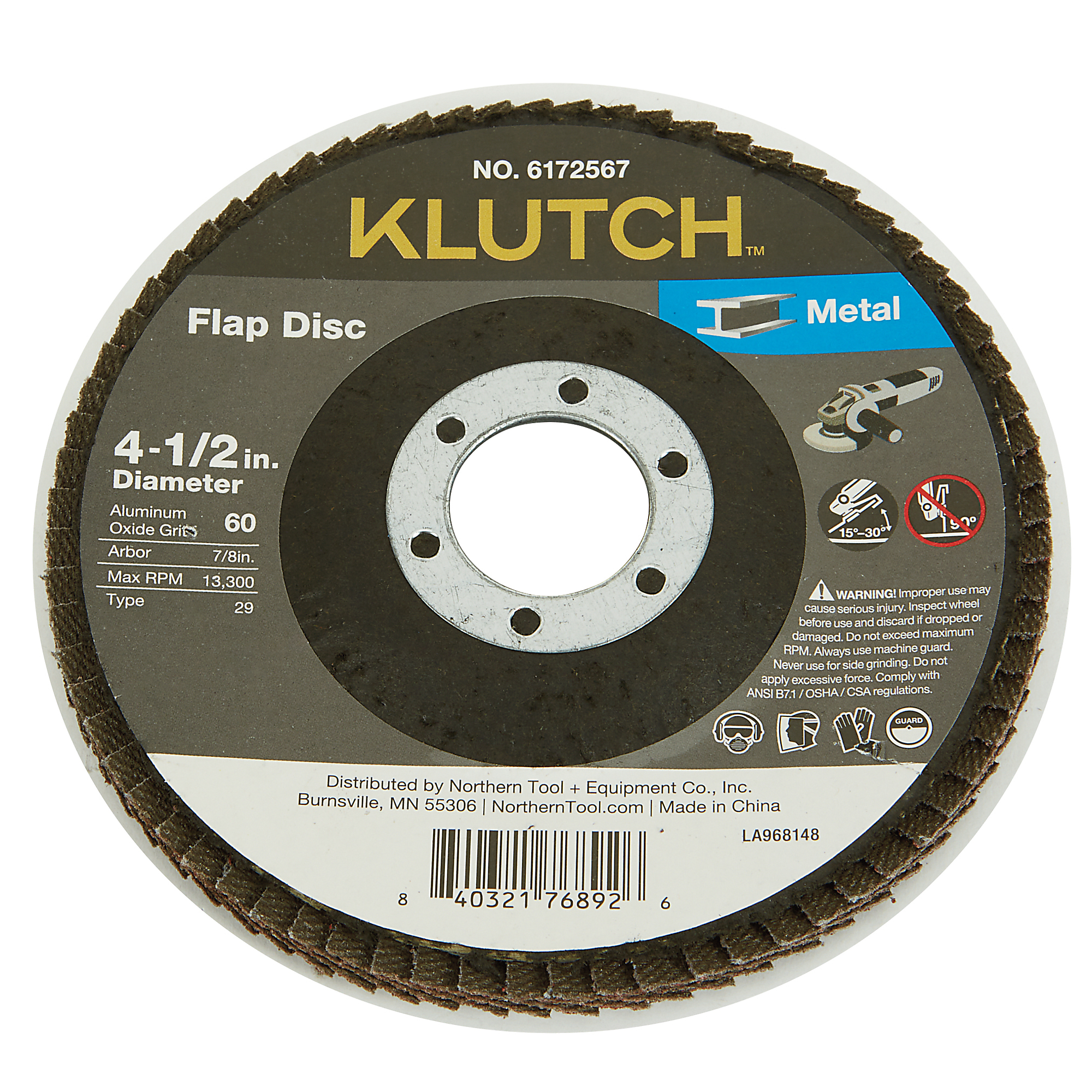 Klutch Metal Flap Disc, 4-1/2in. x 7/8in., 60 Grit, Type 29