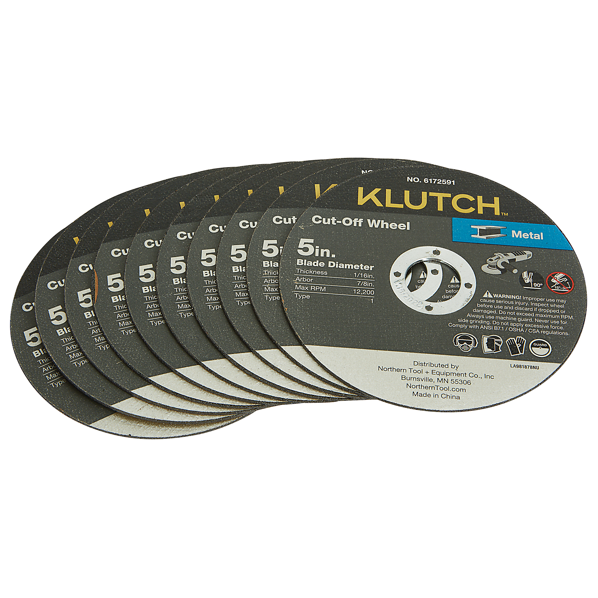 Klutch Metal Cutoff Wheels, 5in. x 1/16in. x 7/8in., Type 1, 10-Pk.