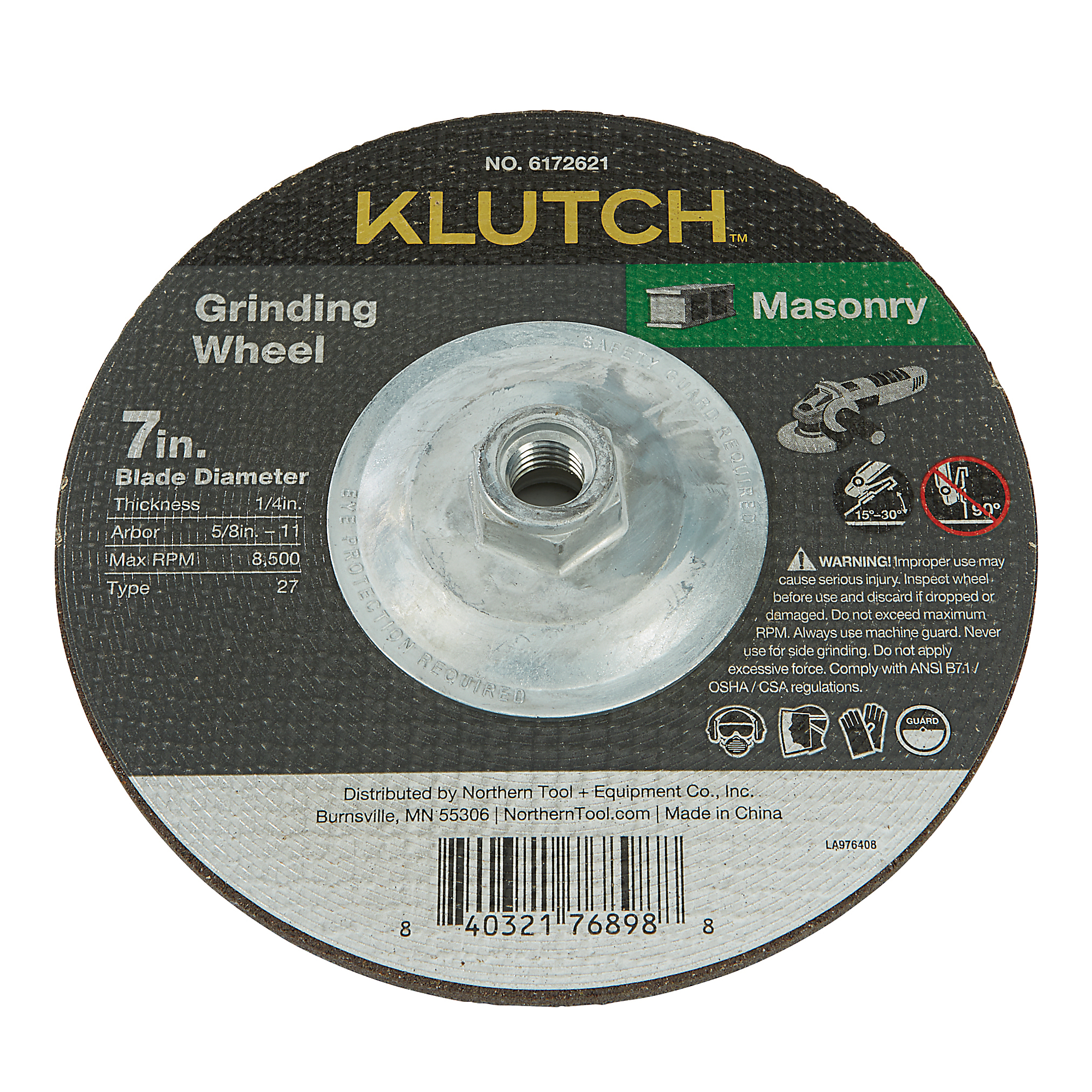 Klutch Masonry Grinding Wheel, 7in. x 1/4in., 5-8in.-11, Type 27