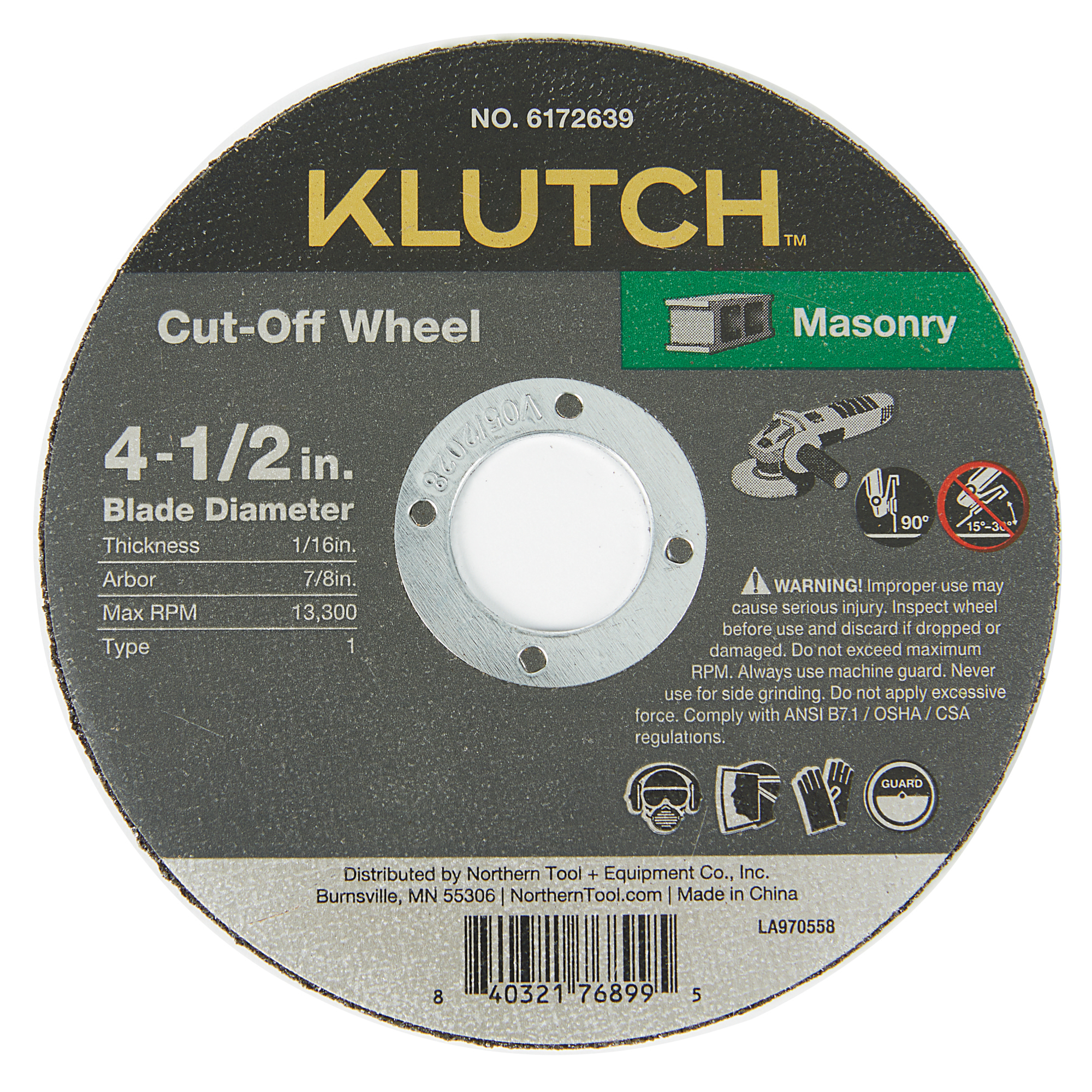 Klutch Masonry Cutoff Wheel, 4-1/in. x 1/16in. x 7/8in., Type 1
