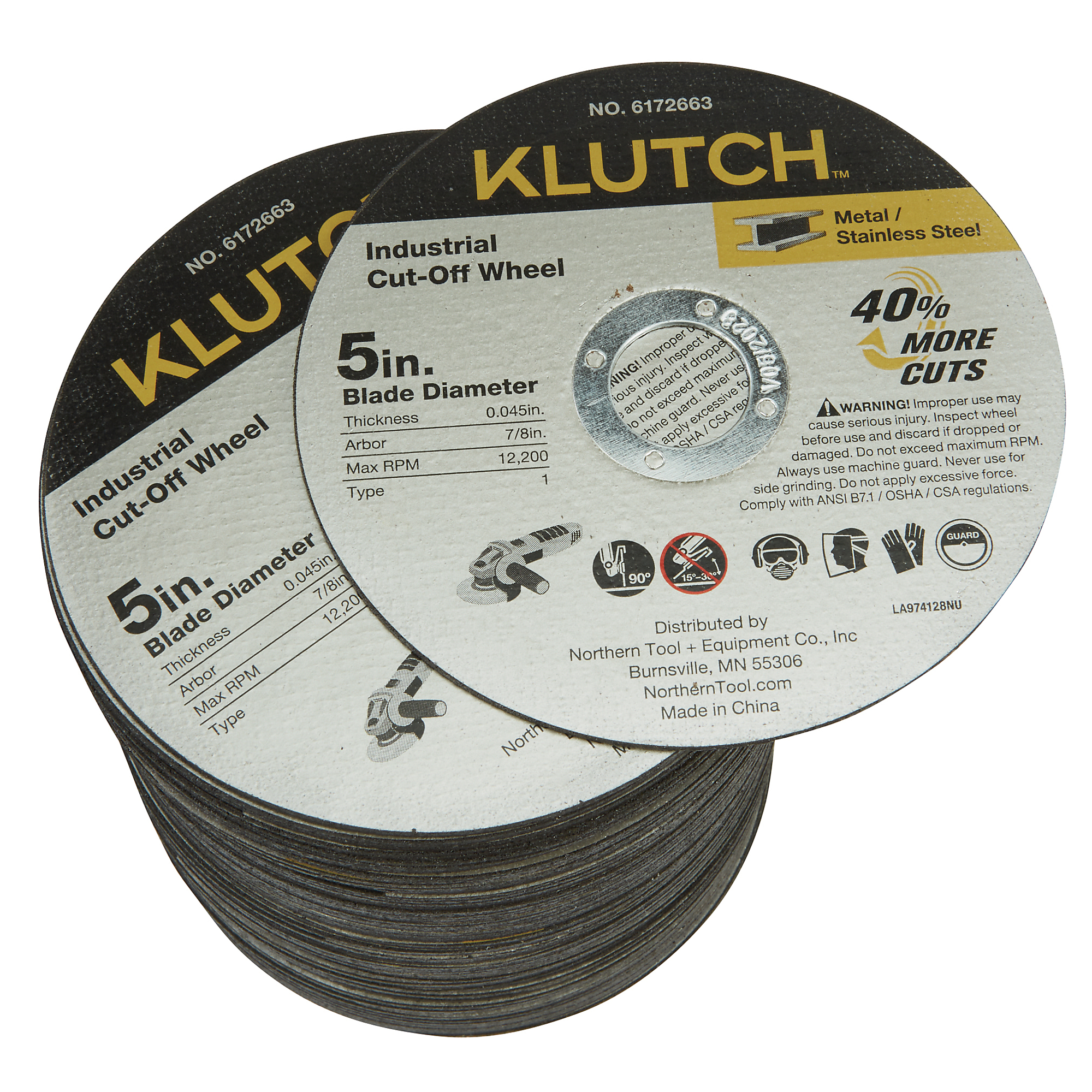 Klutch Industrial Metal Cutoff Wheels, 5in. x 0.045in. x 7/8in., Type 1, 100-Pk.