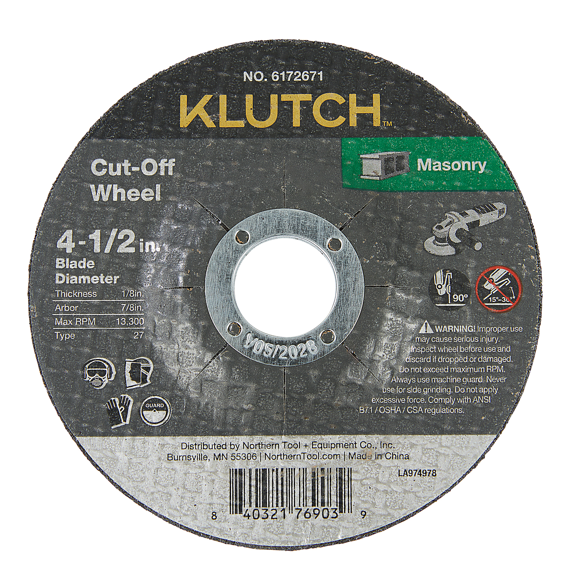 Klutch Masonry Cutoff Wheel, 4-1/2in. x 1/8in. x 7/8in., Type 27