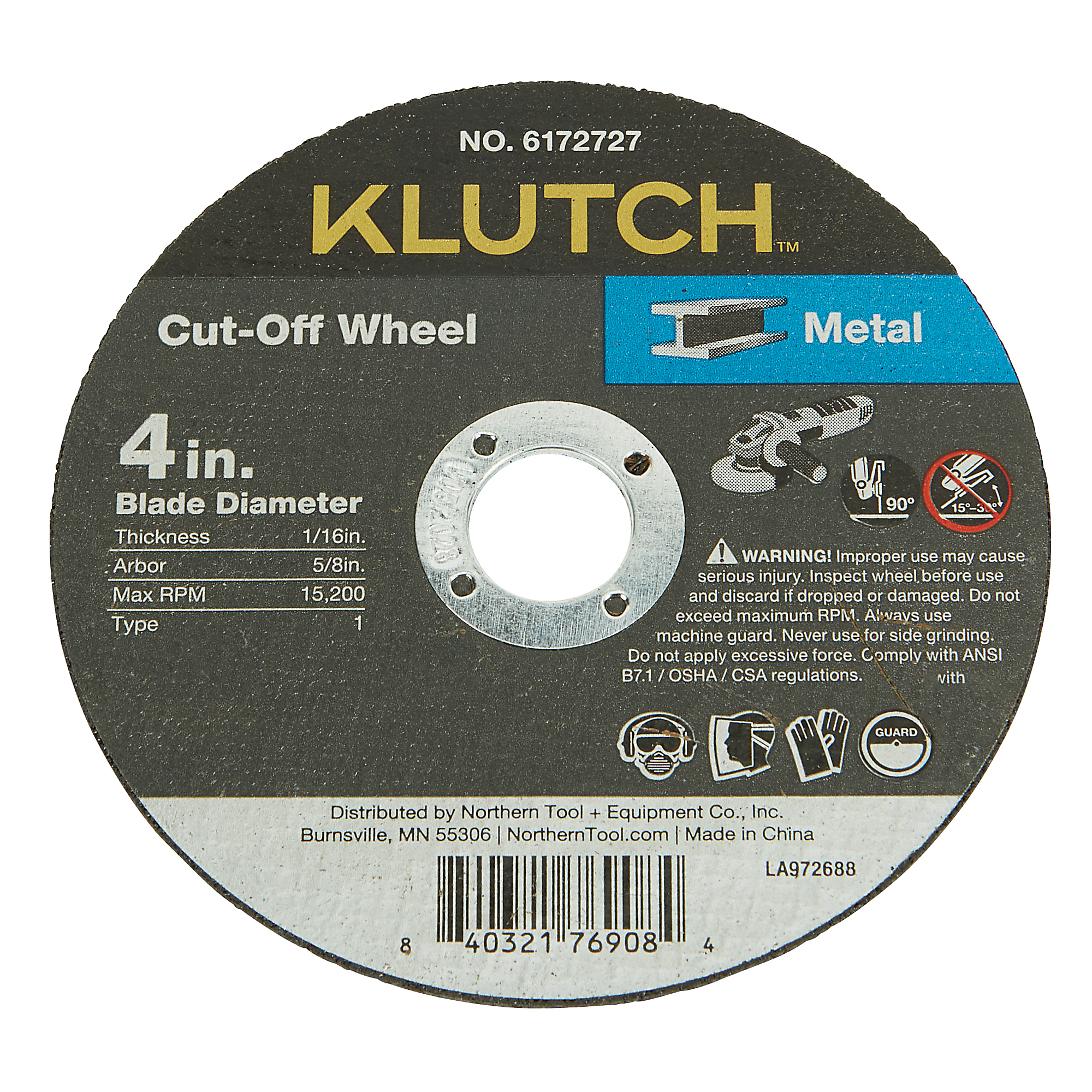 Klutch Metal Cutoff Wheel, 4in. x 1/16in. x 5/8in., Type 1