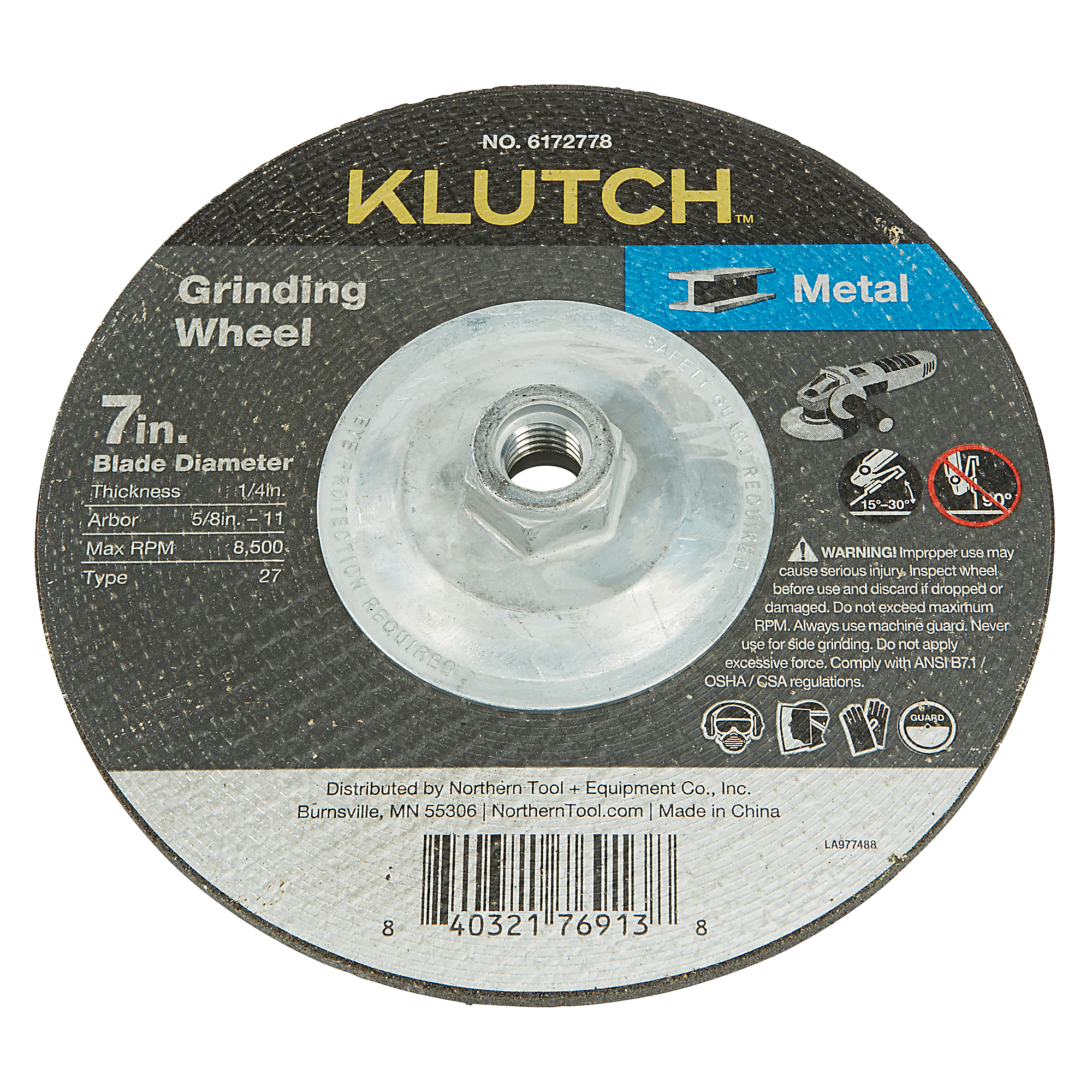 Klutch Metal Grinding Wheel, 7in. x 1/4in. x 5/8in-11, Type 27