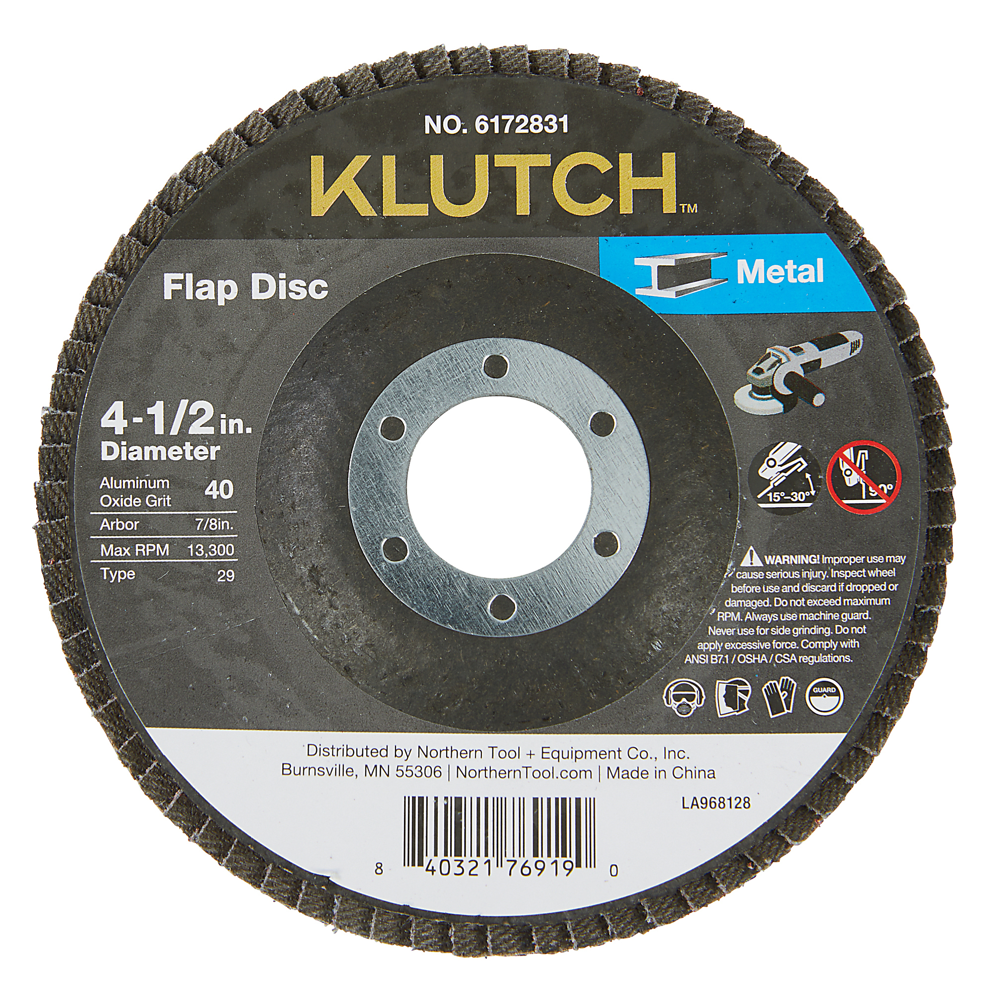 Klutch Metal Flap Disc, 4-1/2in. x 7/8in., 40 Grit, Type 29