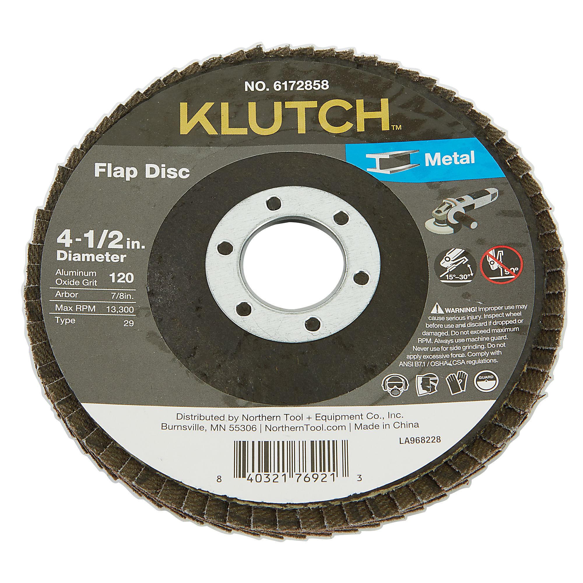Klutch Metal Flap Disc, 4-1/2in. x 7/8in., 120 Grit, Type 29