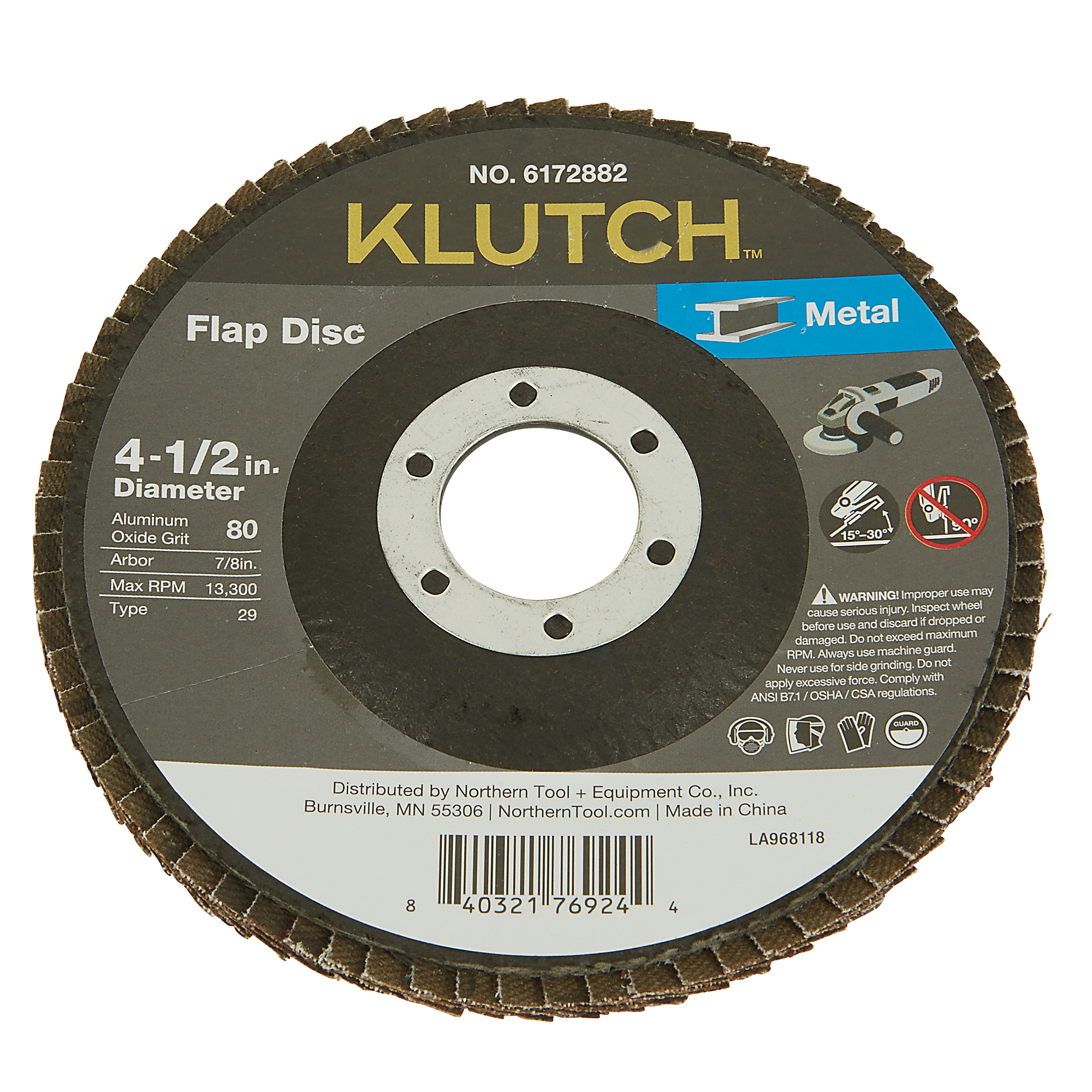 Klutch Metal Flap Disc, 4-1/2in. x 7/8in., 80 Grit, Type 29