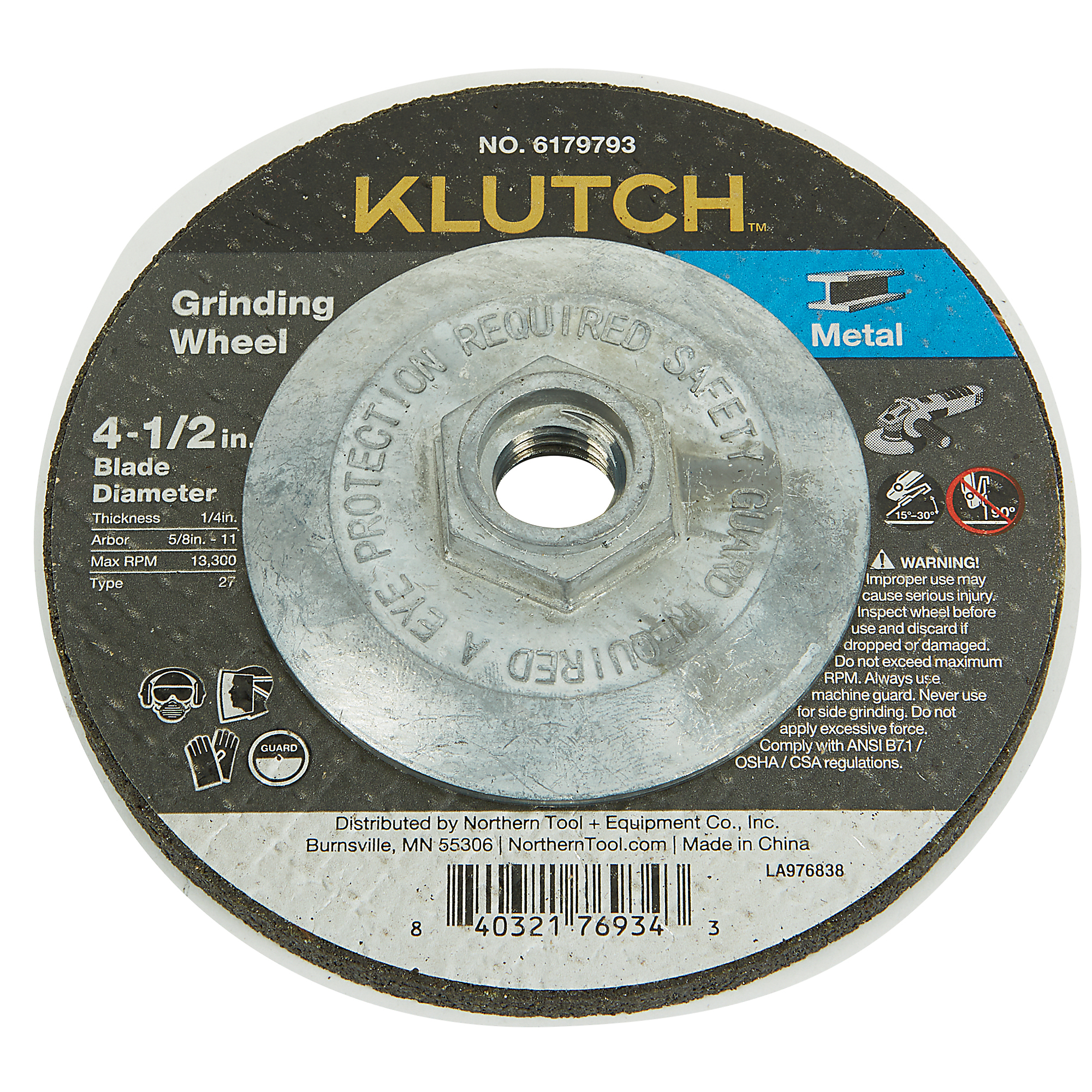 Klutch DCW Metal Hubbed Grinding Wheel, 4-1/2in. x 1/4in. x 5/8in.-11, Type 27
