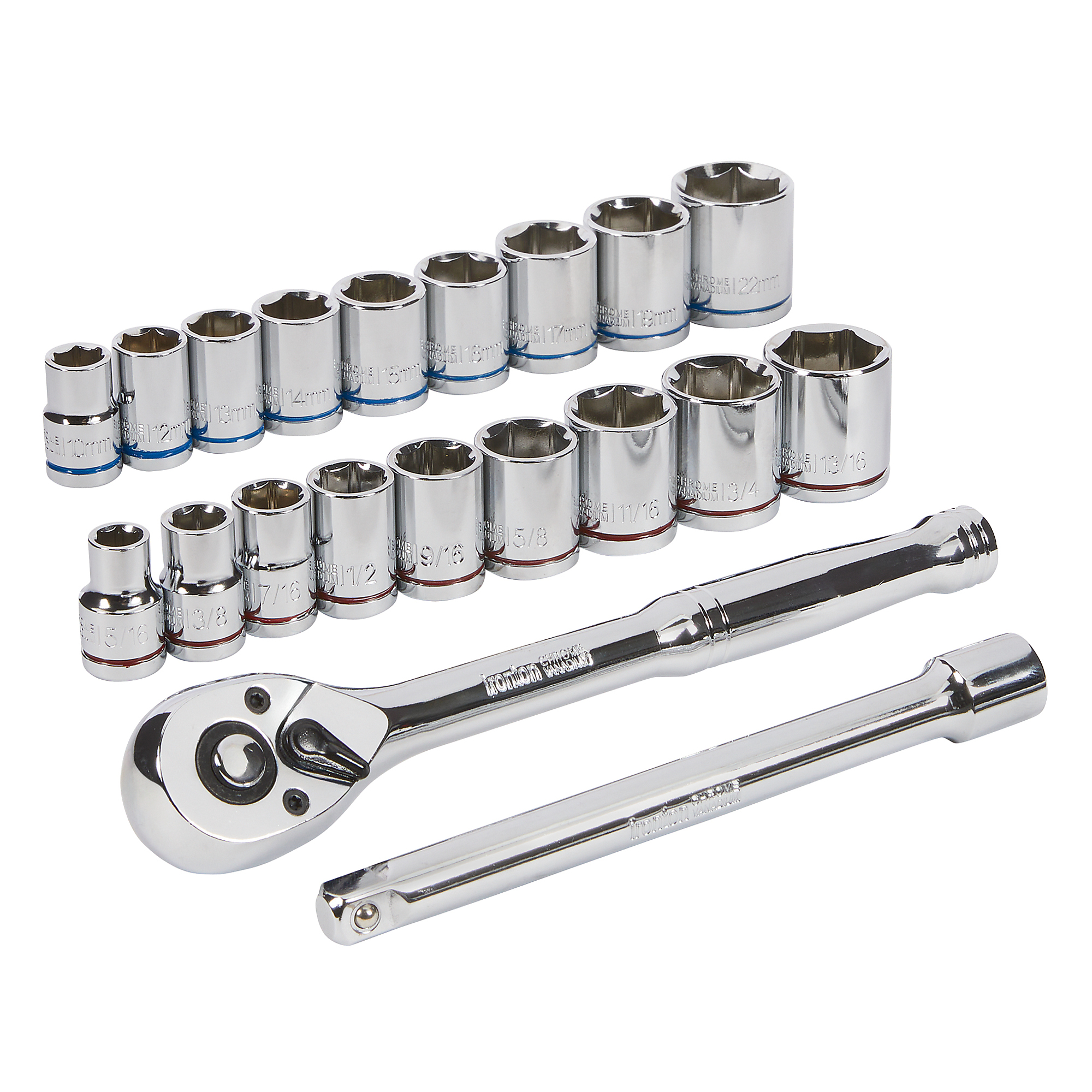 Ironton Socket Set, 20-Pc., SAE/Metric, 3/8in. Drive, Chrome Vanadium Steel