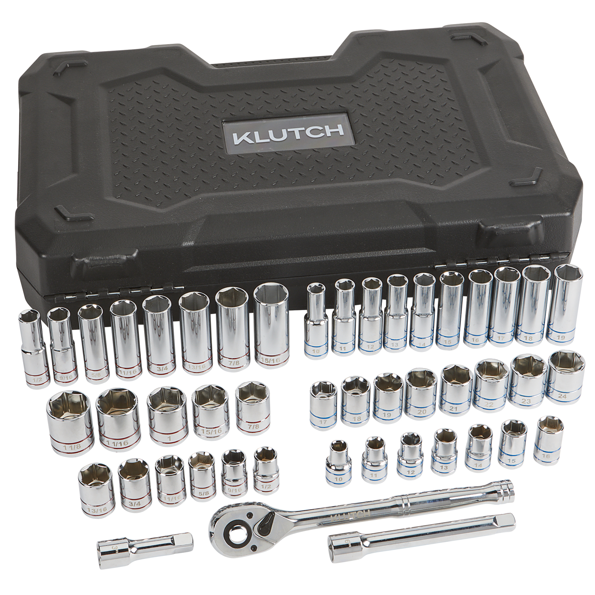 Klutch 1/2in.-Drive, 6-Pt. Ratchet and Socket Set, SAE and Metric, 47-Pc.