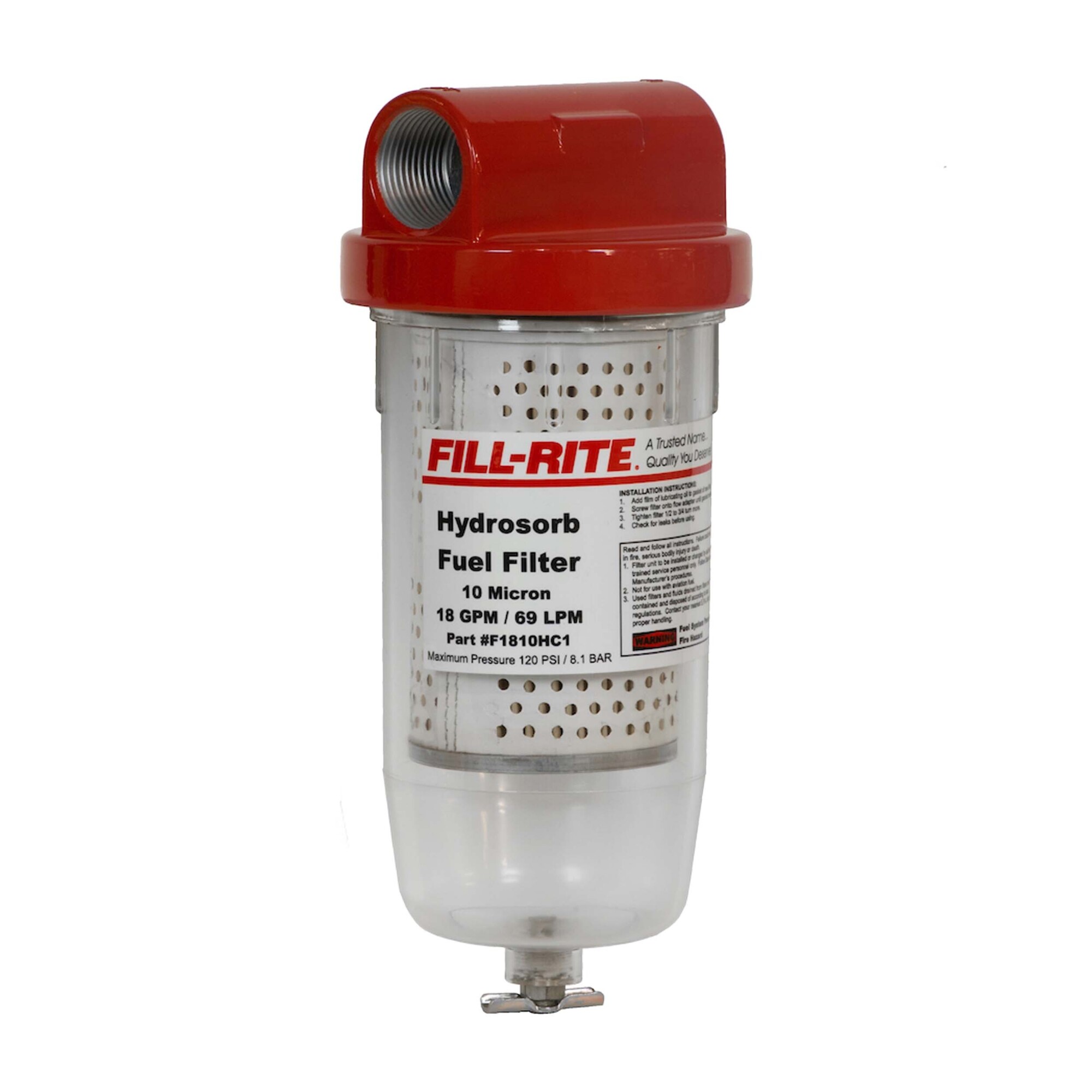 Fill-Rite, 18 GPM 10 Micron Water Detecting Filter Clear Bowl, Diameter 1 in, Height 4.5 in, Model# F1810HC1