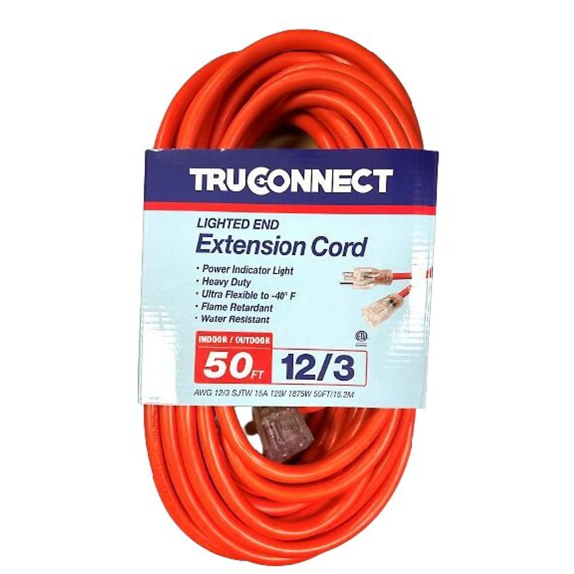 TruConnect 50ft. Outdoor Extension Cord, 12/3 Gauge, 15 Amp, Lighted ...