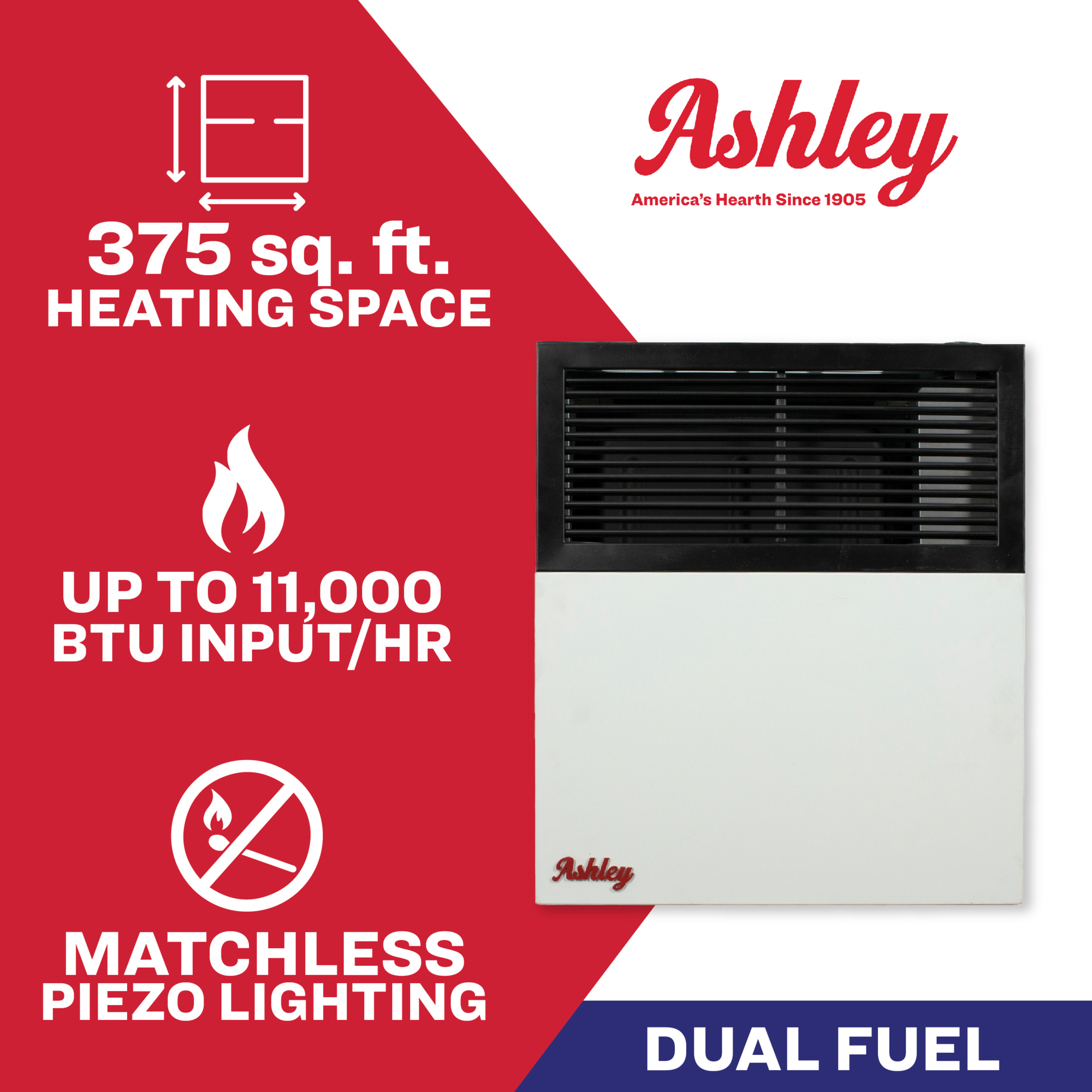 Ashley Hearth, Ashley Wall Heater, Dual Fuel, 11k Direct Vent, Heat Output 11000 Btu/hour, Heating Capability 375 ft², Color Family White, Model# DVAG11-DF