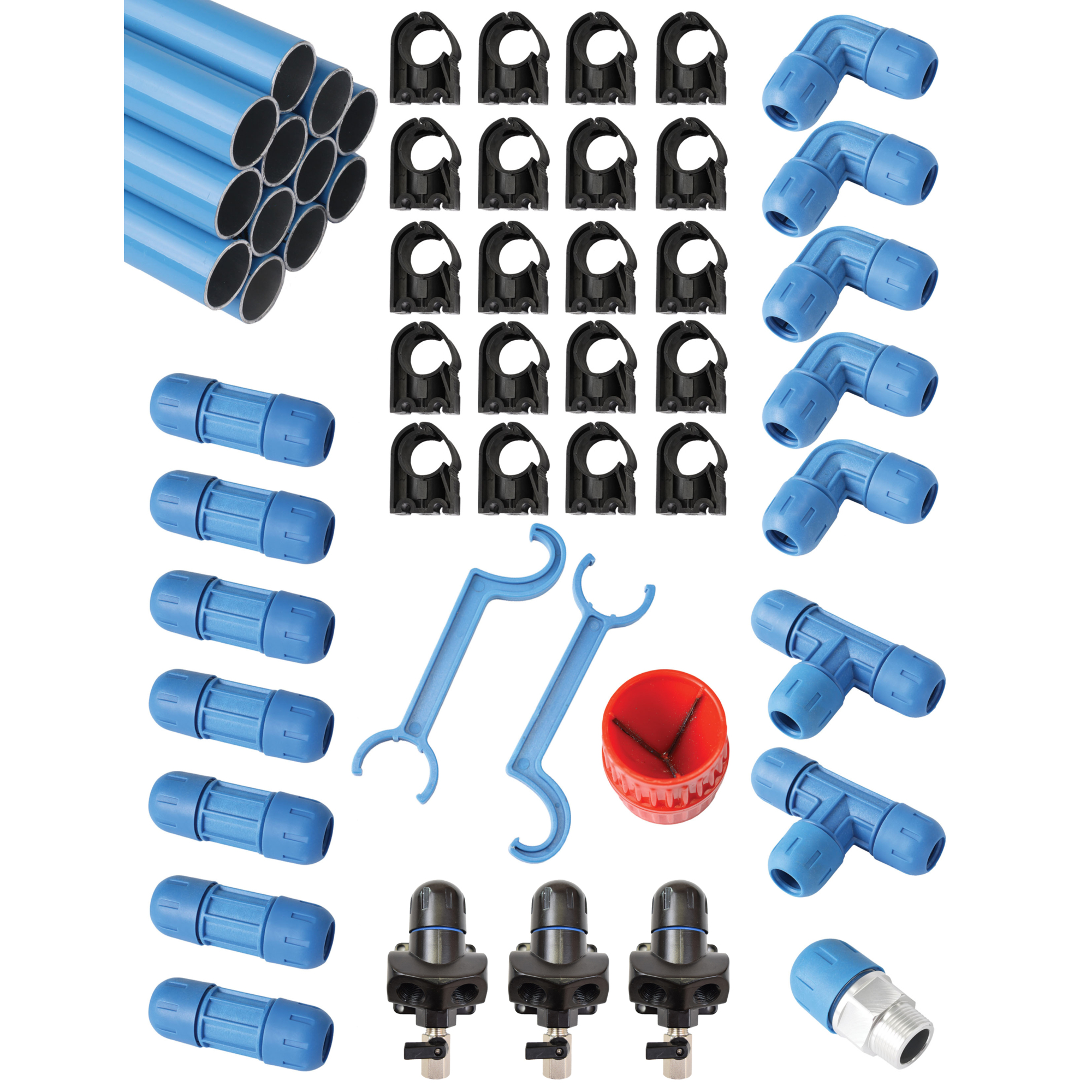 Fastpipe, 90ft. pipe, 3 outlets 14 Fittings, 3/4in. MNPT, Coupler Size 3/4 in, Max. PSI 190 Pieces (qty.) 35 Model# F28070