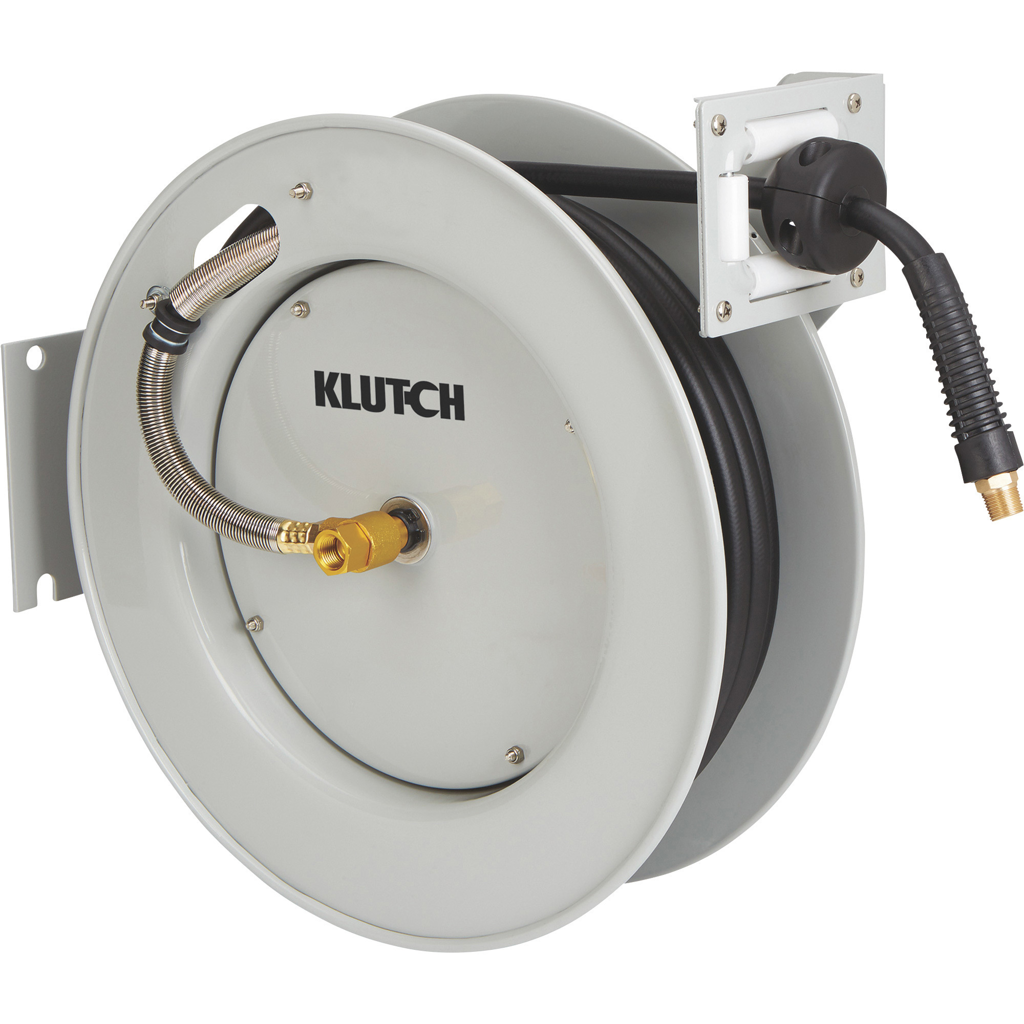 Klutch Auto-Rewind Air Hose Reel, with 3/8in. x 50ft. Hybrid