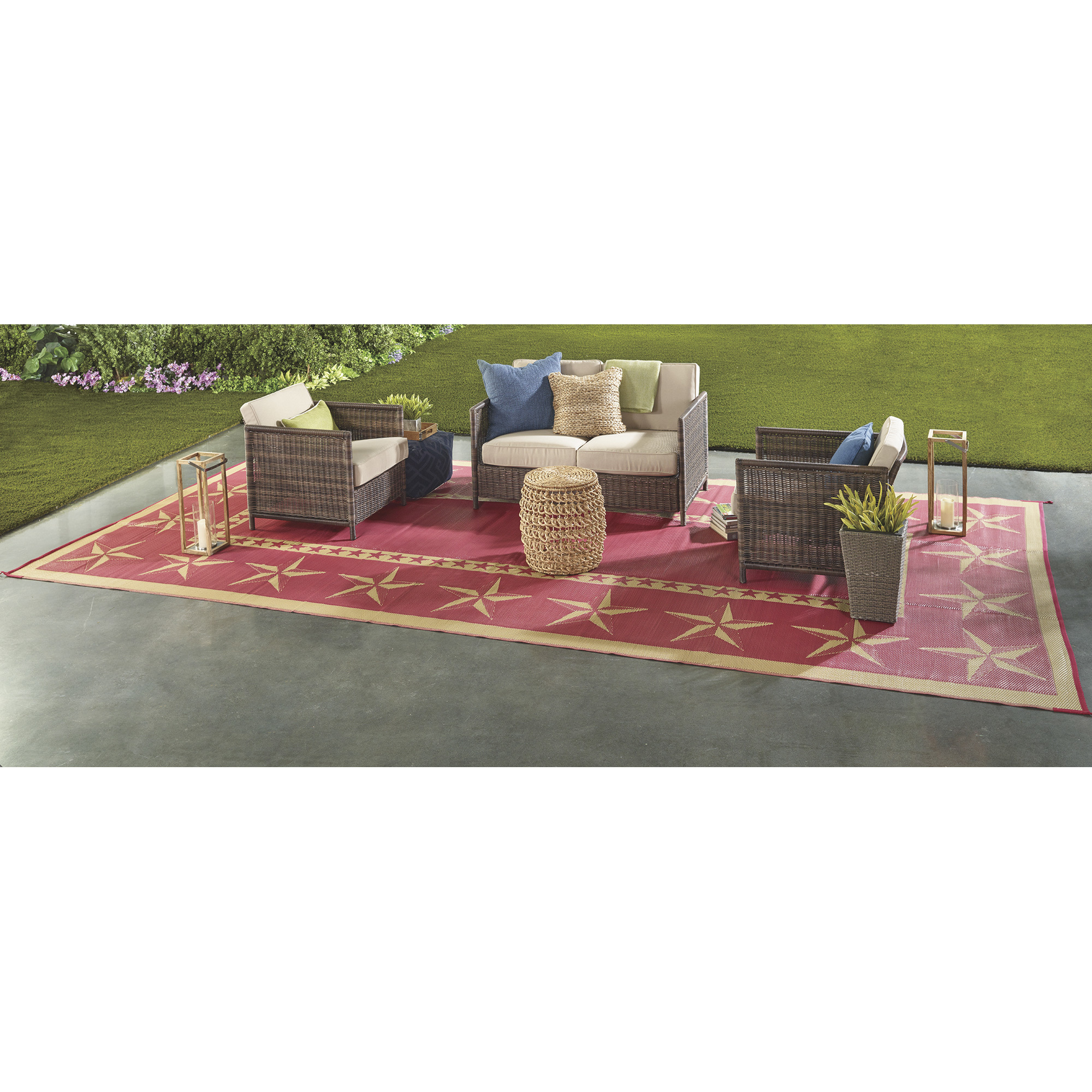 Outdoor Reversible Patio/RV Mat, 9ft. x 18ft. — Star, Red/Khaki