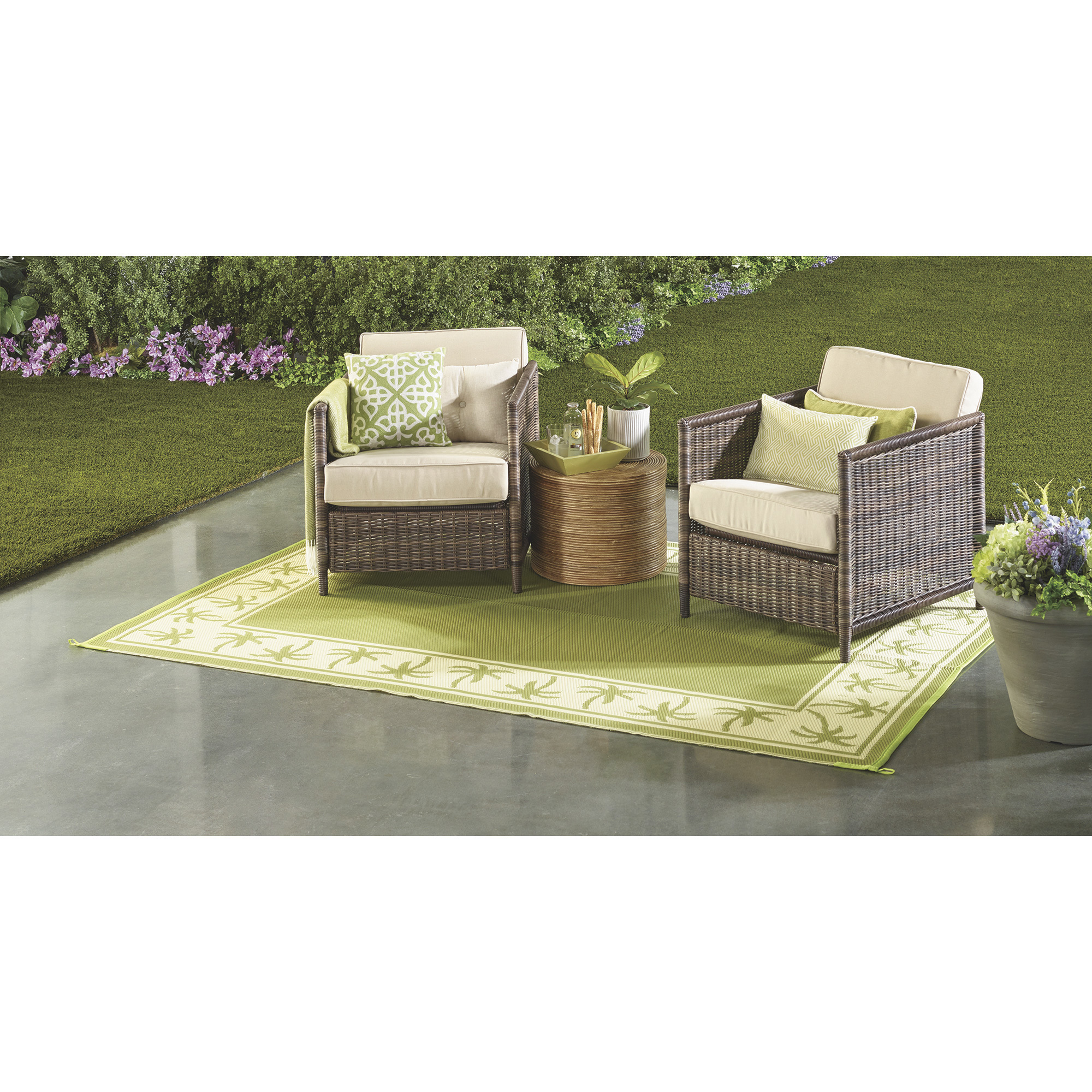 Outdoor Reversible Patio/RV Mat, 6ft. x 9ft., Tropical, Green/Cream