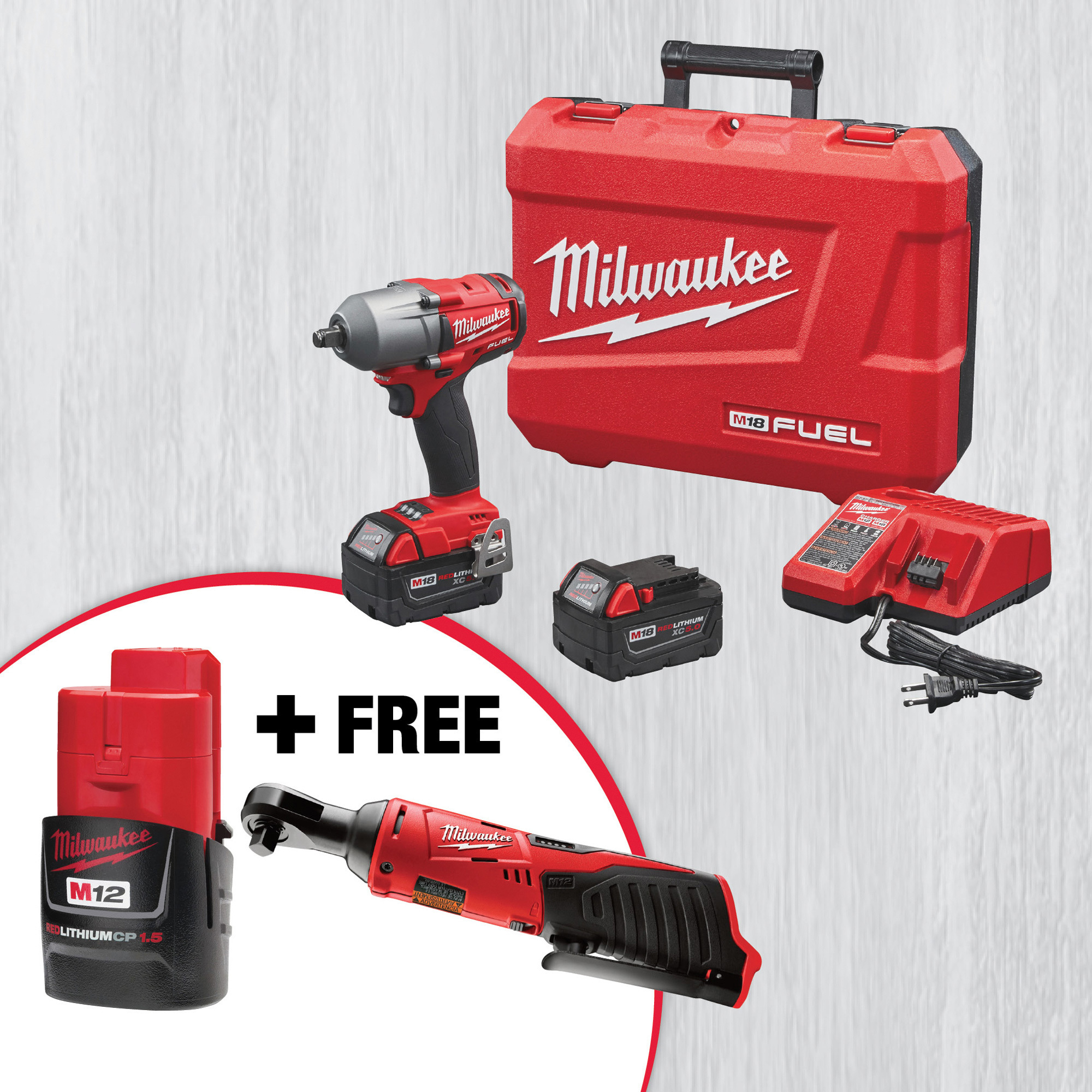 SPECIAL BUY! Milwaukee M18 FUEL Cordless Brushless 1/2in. Mid-Torque Impact  Wrench Kit with Friction Ring (2861-22) with FREE M12 3/8in. Ratchet  (2457-20) and M12 RedLithium CP1.5 Battery (48-11-2401)! Northern Tool