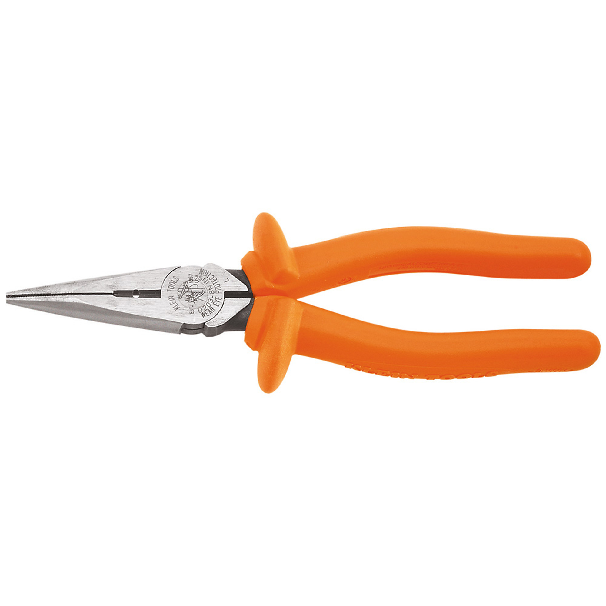 Klein Tools, Long Nose Pliers, Insulated, 8in., Pieces (qty.) 1 Material Steel, Jaw Capacity 1.92 in, Model# D203-8-INS