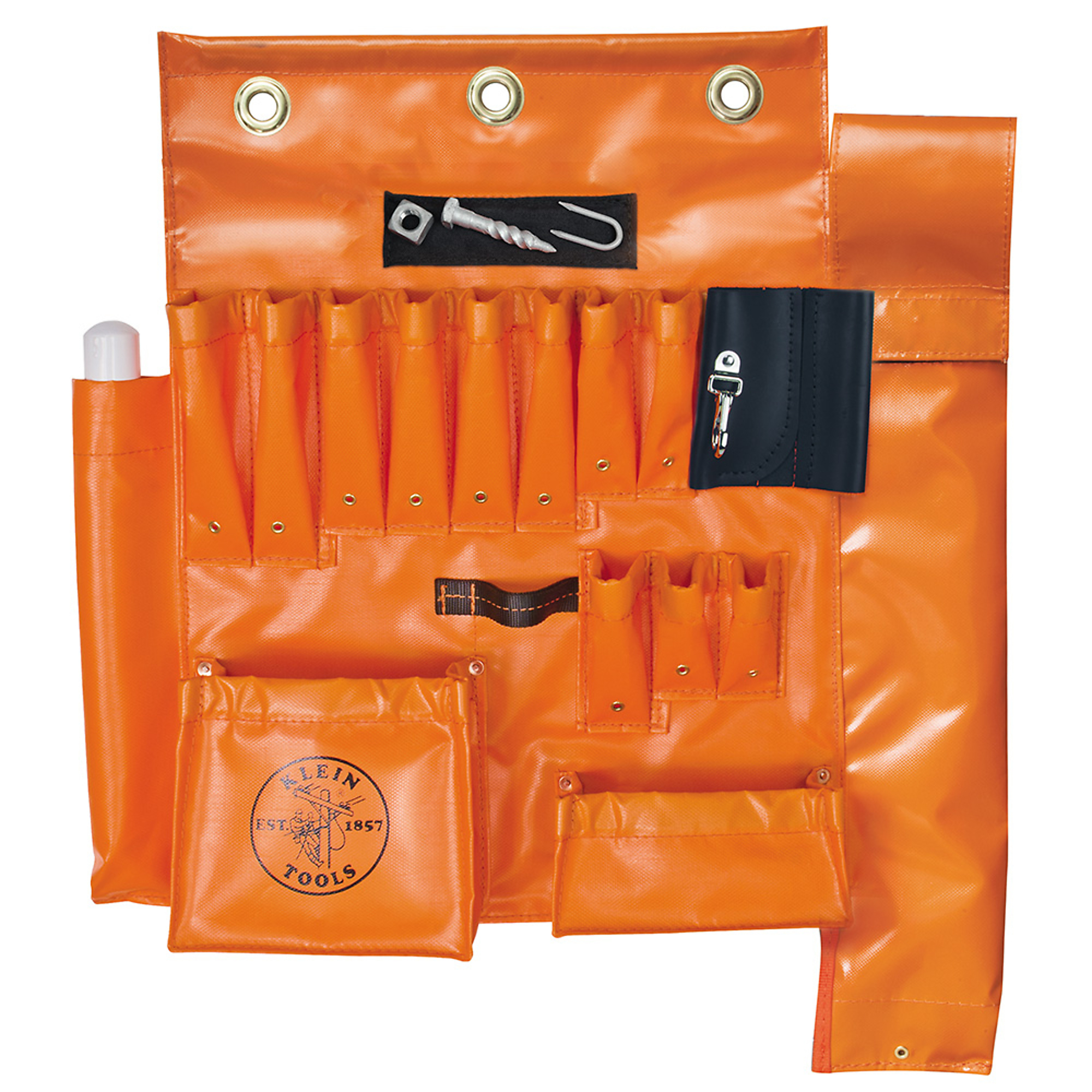 Klein Tools, Aerial Apron with Hot Stick Pocket and Magnet, Color Orange, Pockets (qty.) 16 Material Vinyl, Model# 51829MHS