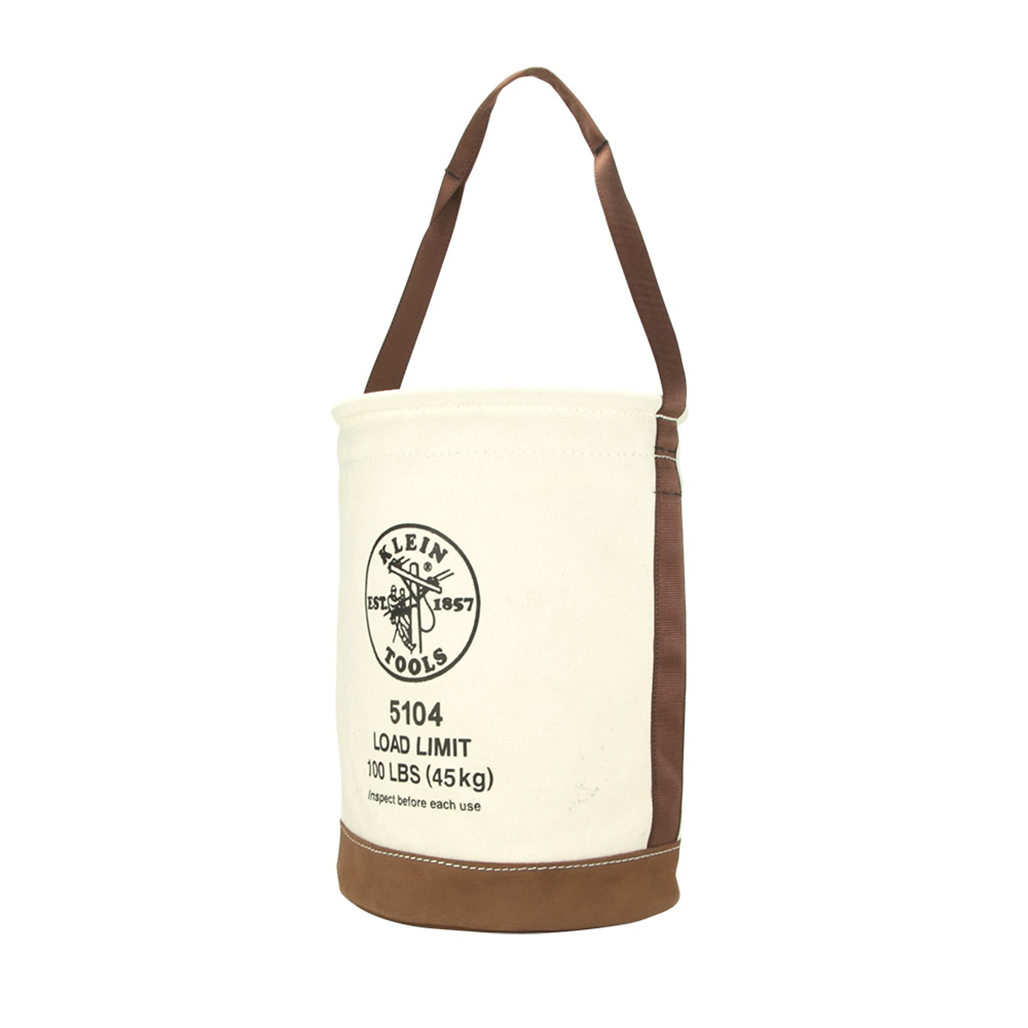 Klein Tools, Canvas Bucket with Leather Bottom, 12in., Color White, Pockets (qty.) 1 Material Canvas, Model# 5104