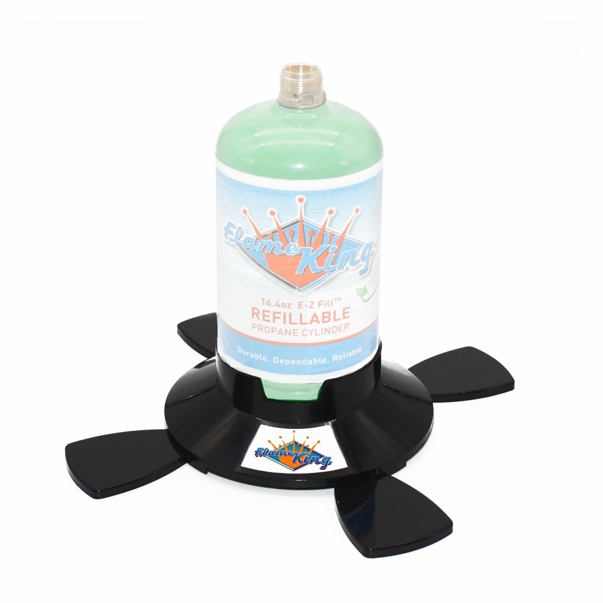Flame King, Base for 1 Lb w/ Swivel Feet that Fold Away, Included (qty.) 1 Material Plastic, Compatible With 16.4 oz camping propane bottles, Model# YSN1LBB