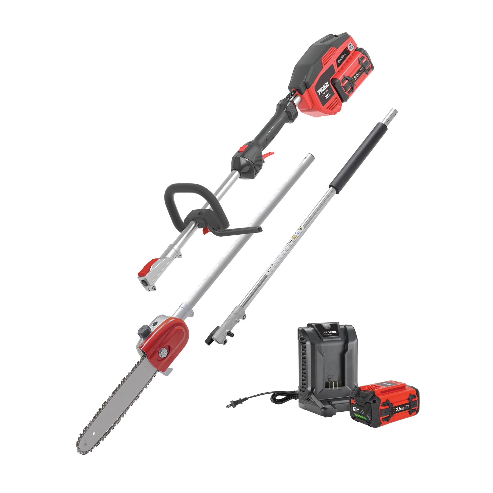 PRORUN, 60V Attachment Capable Pole Saw Kit + Battery + Charger , 10 in Bar, Model# PMC160P