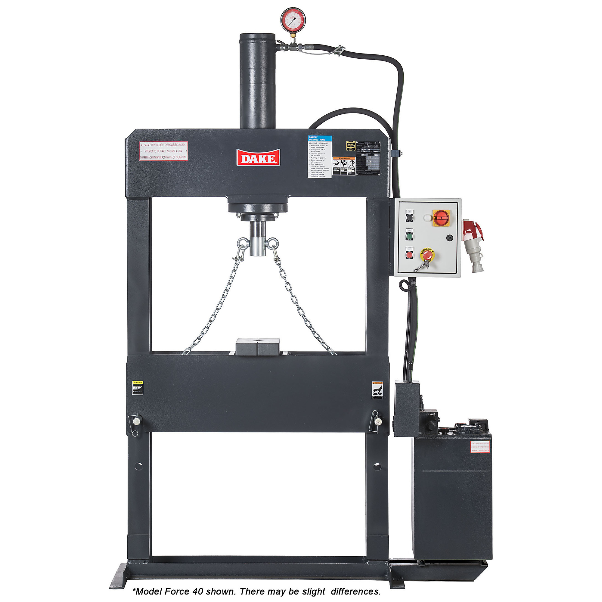 Dake, 40-ton Electrically Operated H-frame, 220-3 ph, Press Type Hydraulic, Max. Pressure 40 Tons, Model# Force 40