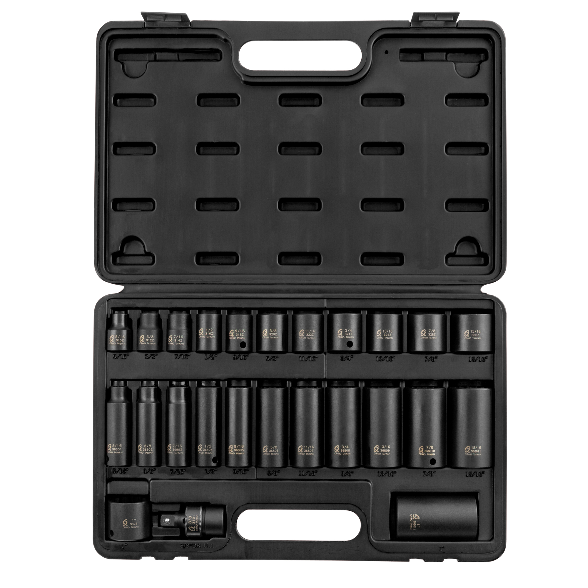 Sunex Tools 3/8in. Drive SAE 12-Pt Standard/Deep Master Impact Sockets — 25 Pcs, CR-MO Steel, Black Phosphate, Model# 3326