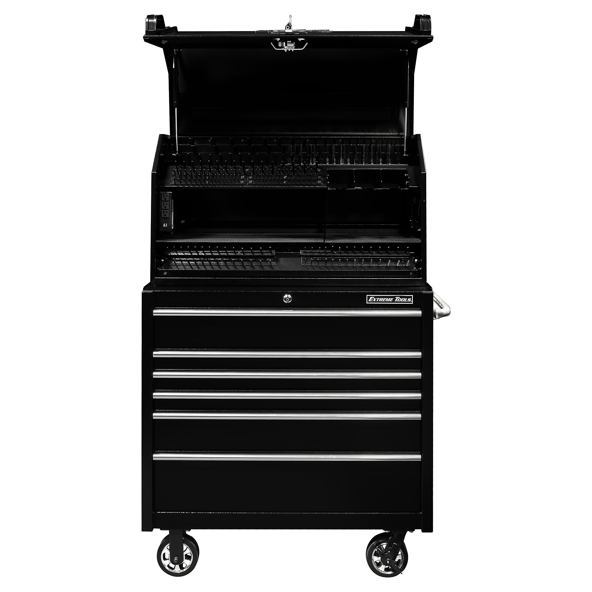 Extreme Tools Portable Workstation and Roller Cabinet Combo - 41in. x 25in., 6-Drawer, Lockable, Black, Model# PWSRC4120TK