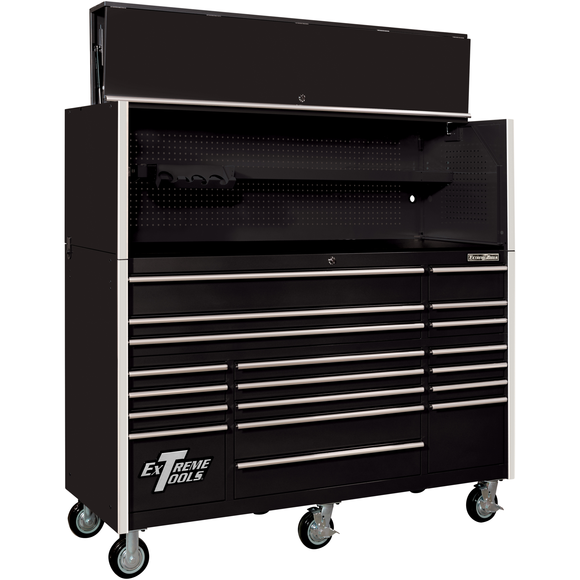 Extreme Tools RX Series Roller Cabinet and Power Workstation Combo - 72in. Width, 25in. Depth, 19 Drawers, Black w Chrome Dr Pulls, Model# RX7220HRKC