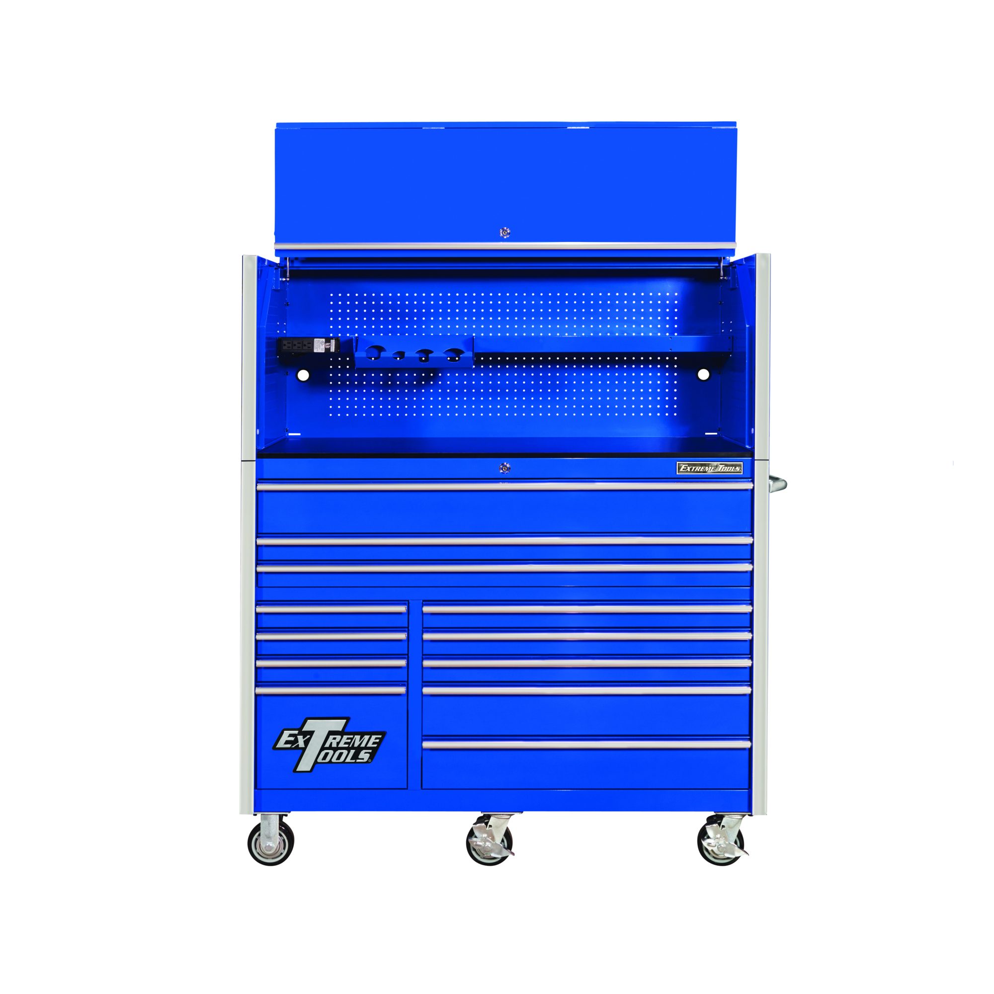 Extreme Tools RX Series Power Workstation Hutch and Roller Cabinet Combo - 55in. x 25in., 12 Drawers, 68in. Height, Blue, Model# RX5513HRUC