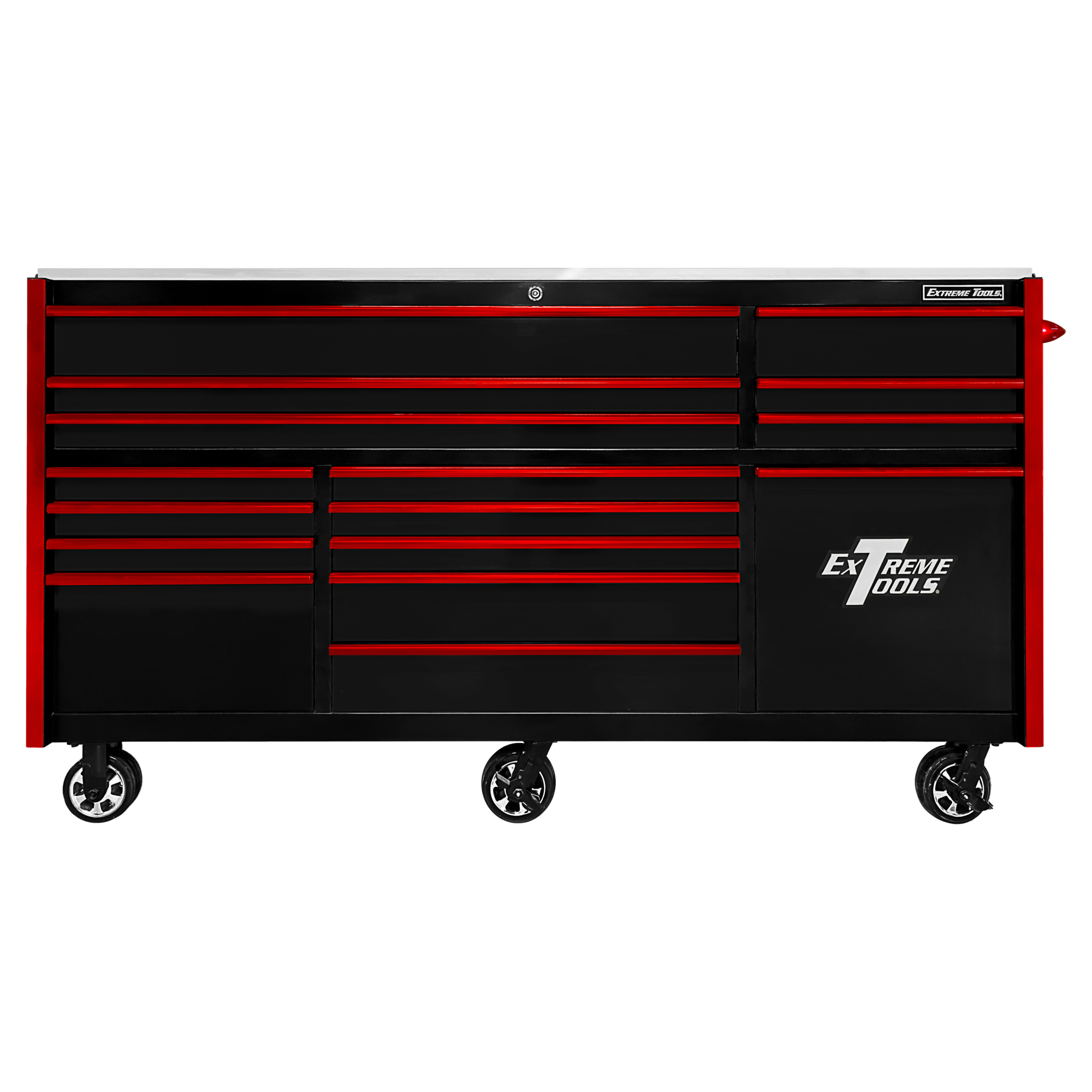 Extreme Tools, RX 84in.Wx30in.D 16 Drw RollCab w Pwr Tool Drw BKRD, Width 30.1 in, Height 47.365 in, Color Black, Model# RXQ843016RCBKRD