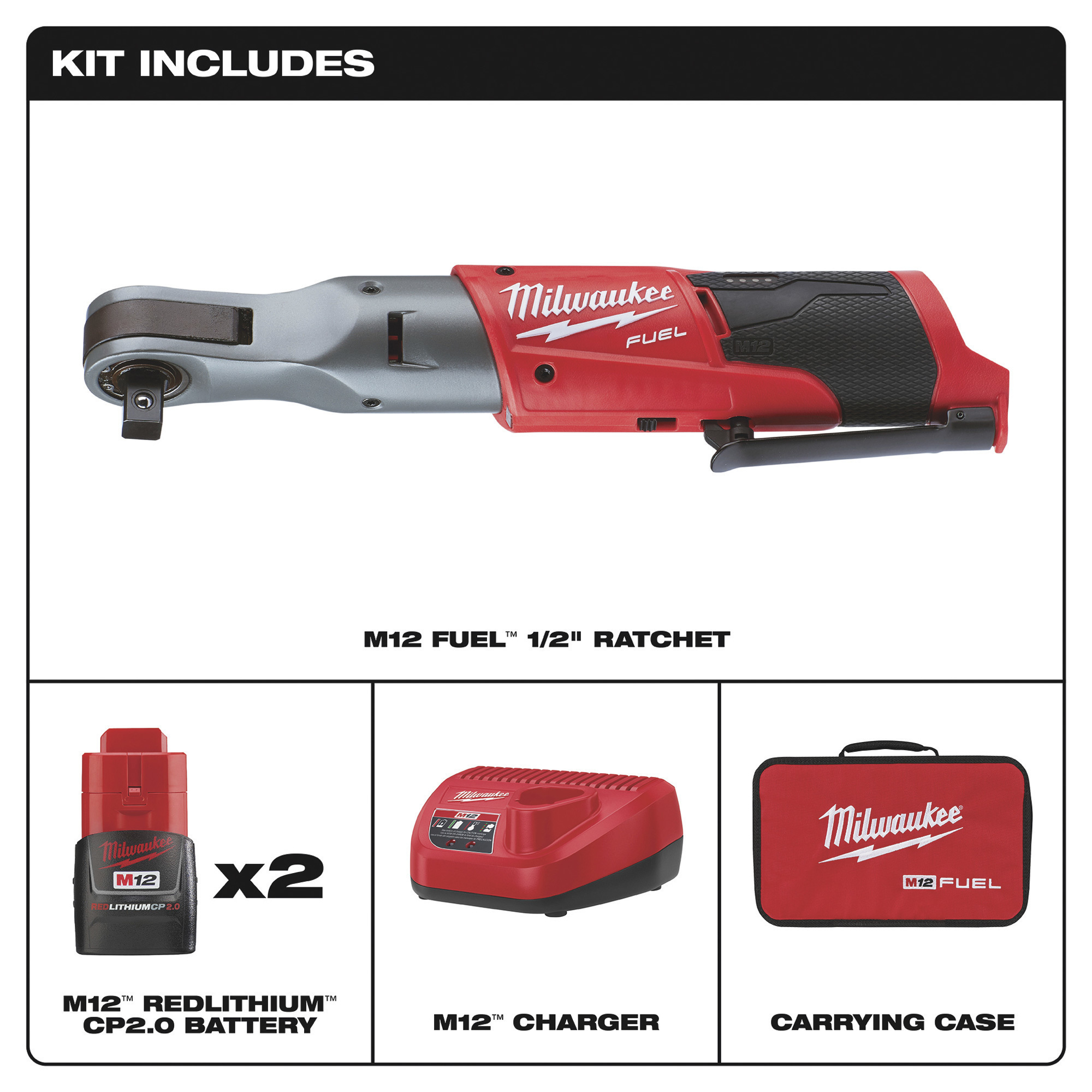 Milwaukee M12 Fuel Cordless 1/2in. Ratchet Kit — With Batteries, 12 Volt,  Model# 2558-22 Northern Tool