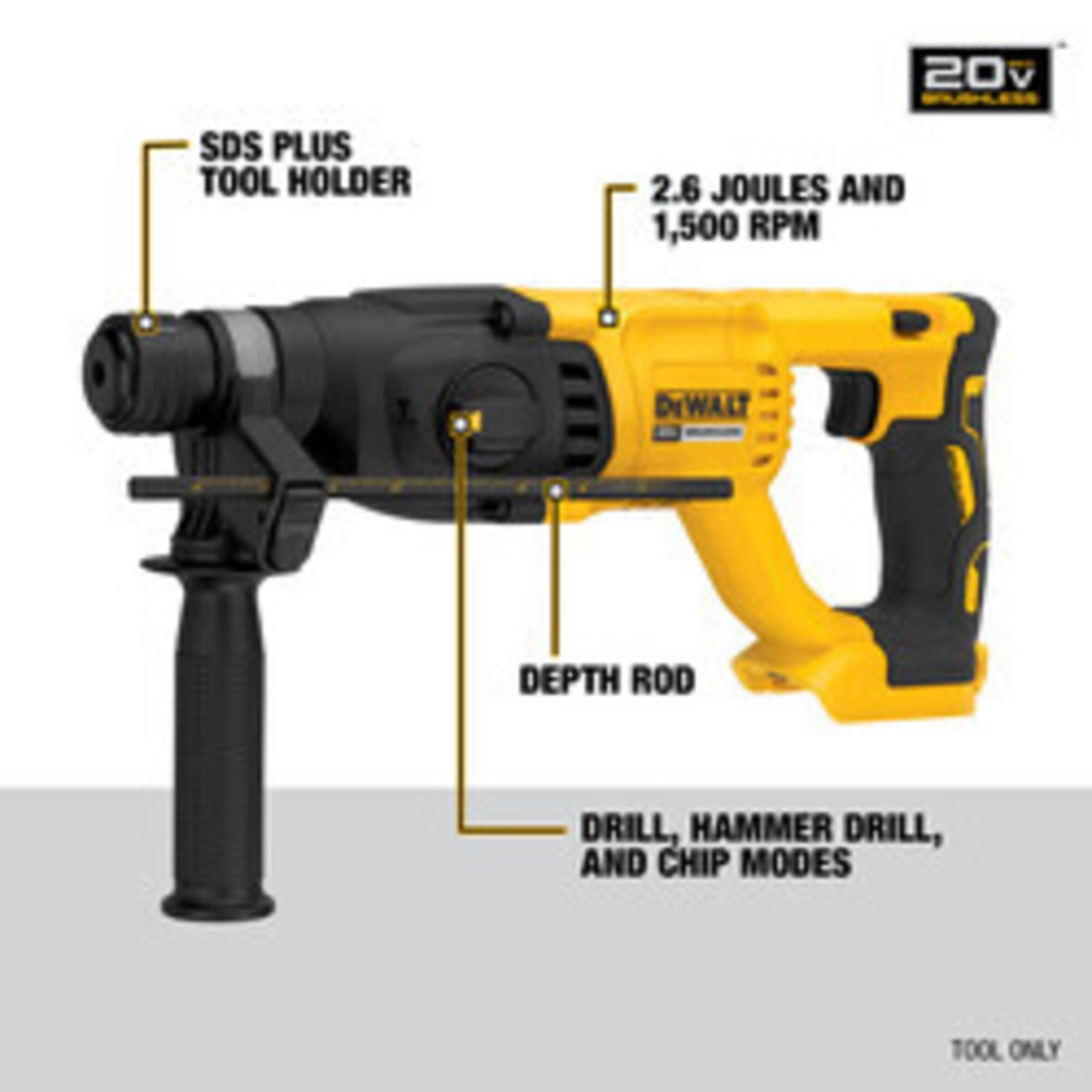 DEWALT, 20V MAX* 1in. SDS PLUS D-Handle Rotary Hammer, Chuck Size