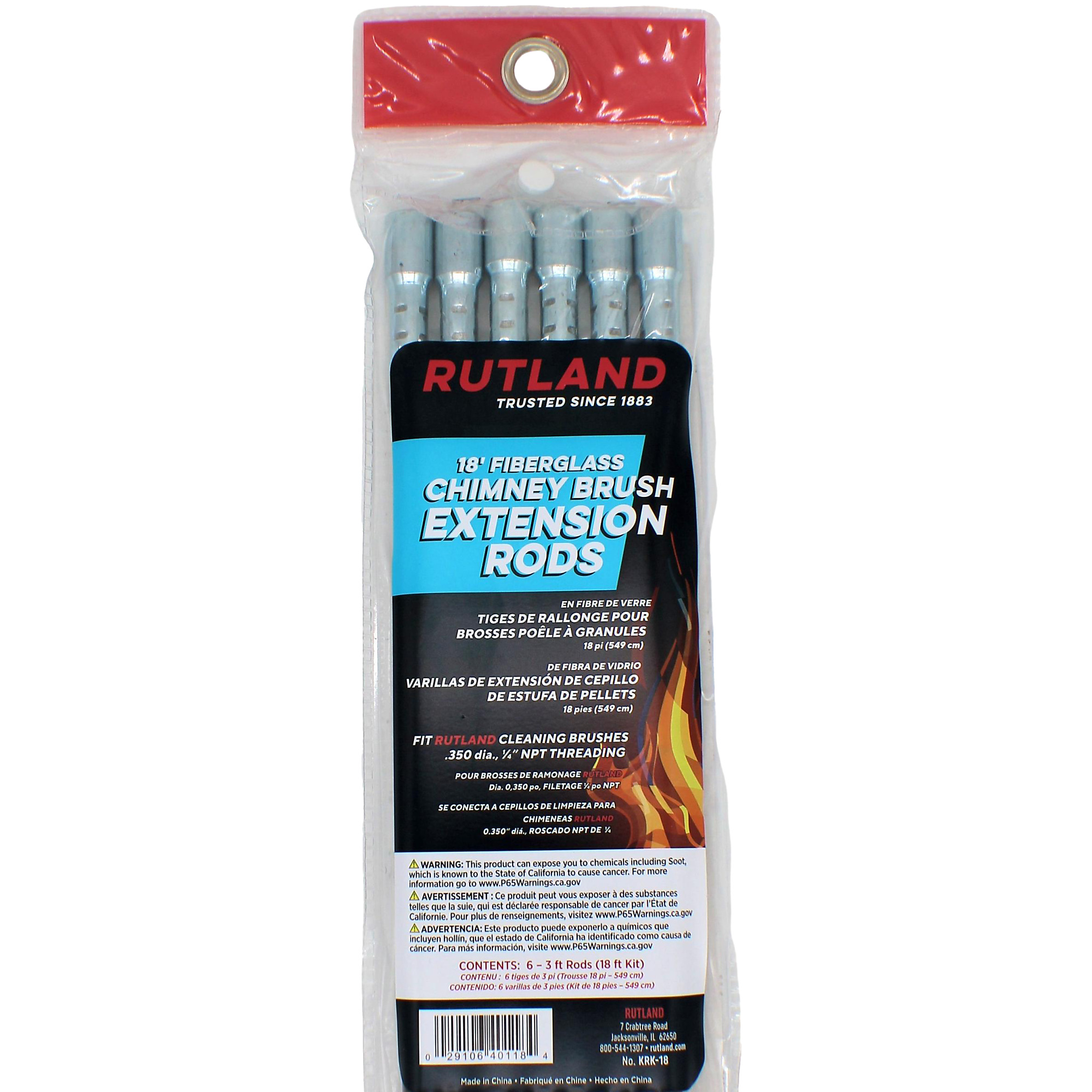 Rutland, Fiberglass Chimney Brush 18ft. Ext Rod Kit, Model# KRK-18