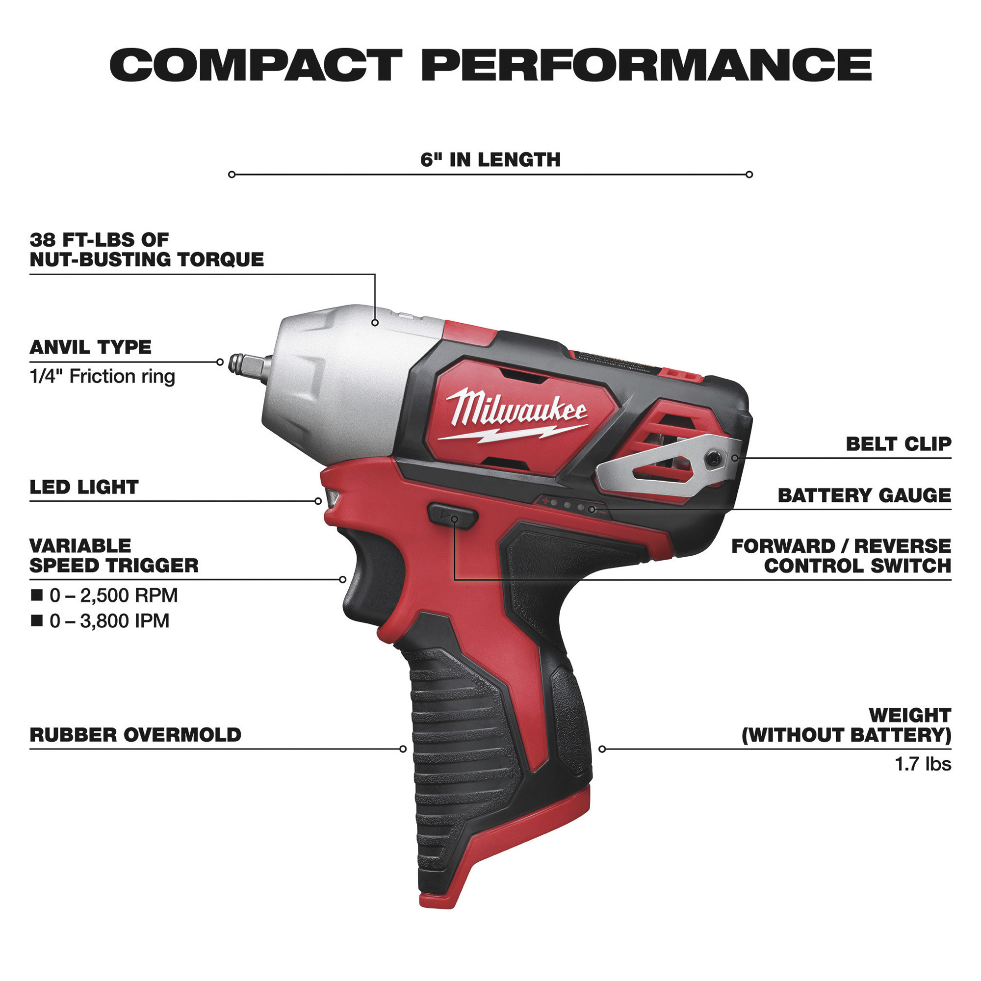 Milwaukee M12 Impact Wrench, Tool Only, 1/4in. Anvil with Friction Ring ...