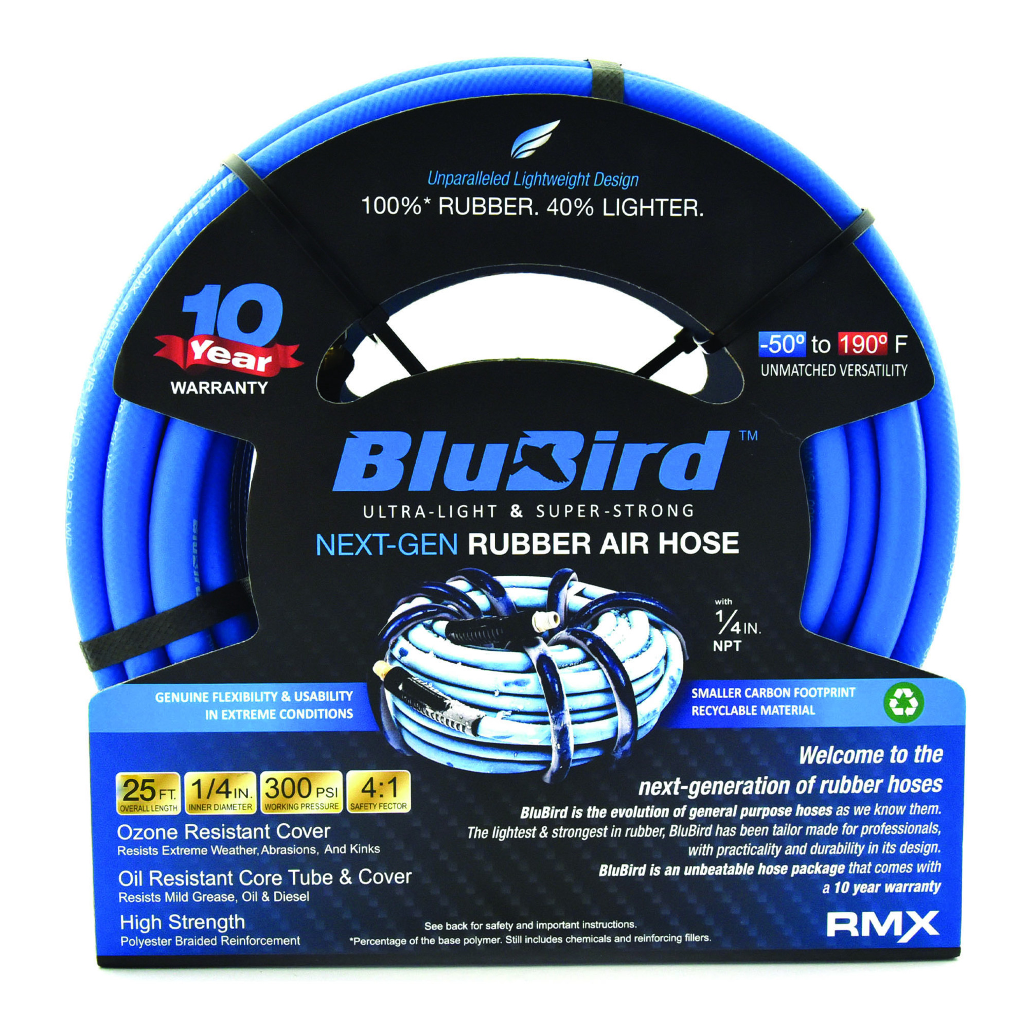 BluBird, Rubber Air Hose Assembly 1/4in.x25ft., Hose Diameter 1/4 in, Hose Length 25 ft, Model# BB1425