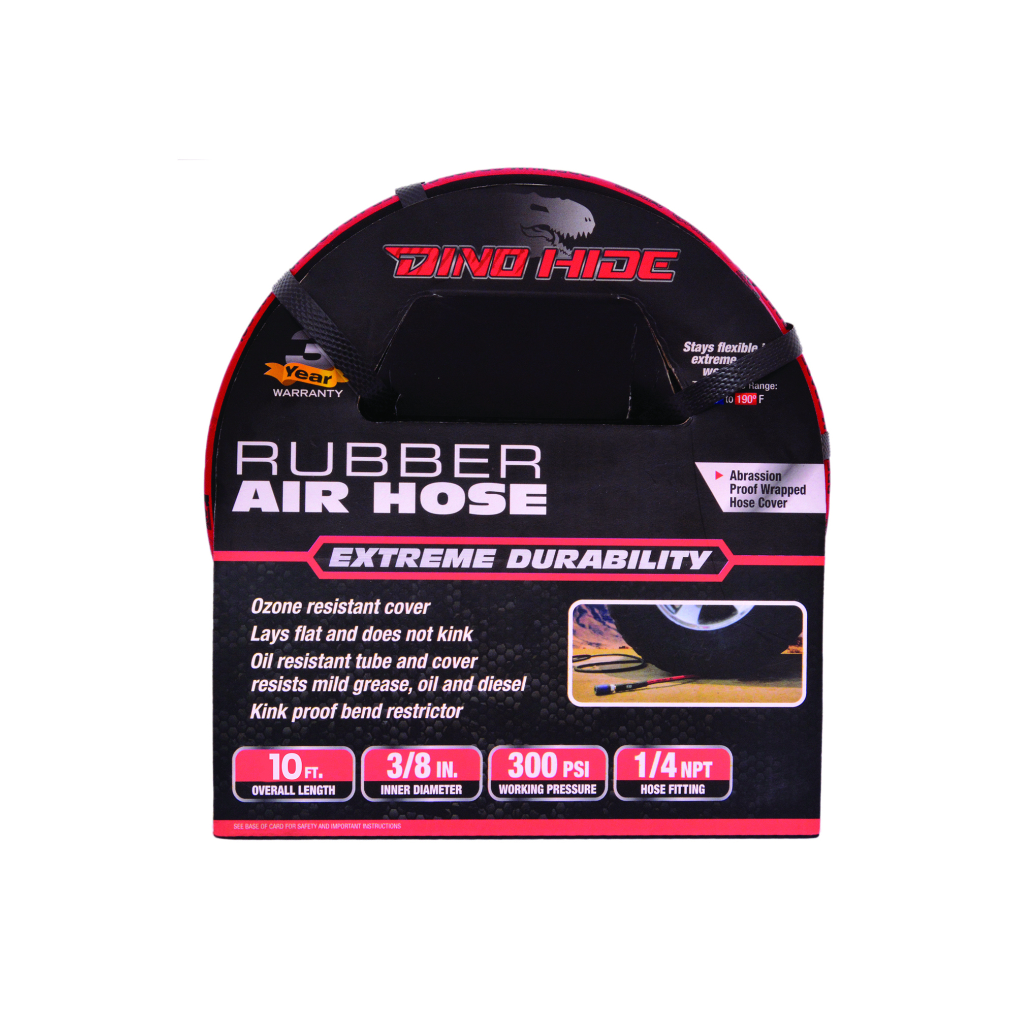 Dino-Hide, Dino-Hide Rubber Air Hose Assembly 3/8in.x10ft., Hose Diameter 3/8 in, Hose Length 10 ft, Model# WLEPRO3810
