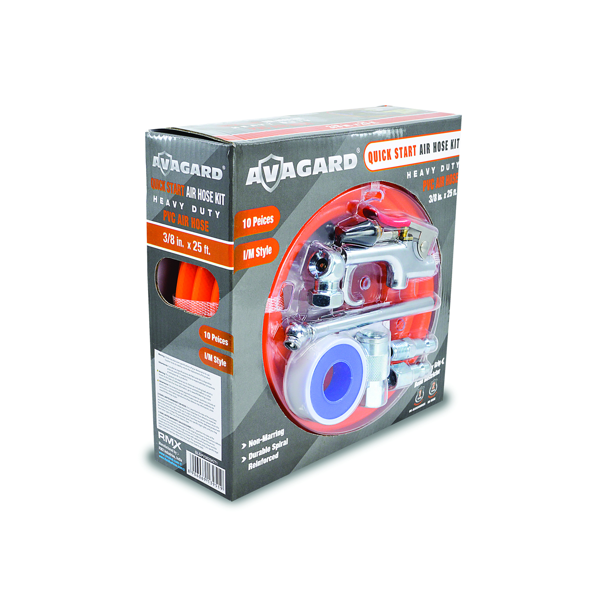 Avagard, PVC Air Hose Assembly 3/8in.x25ft. w/9pc Access Kit, Hose Diameter 3/8 in, Hose Length 25 ft, Model# AVGPV3825KIT-9