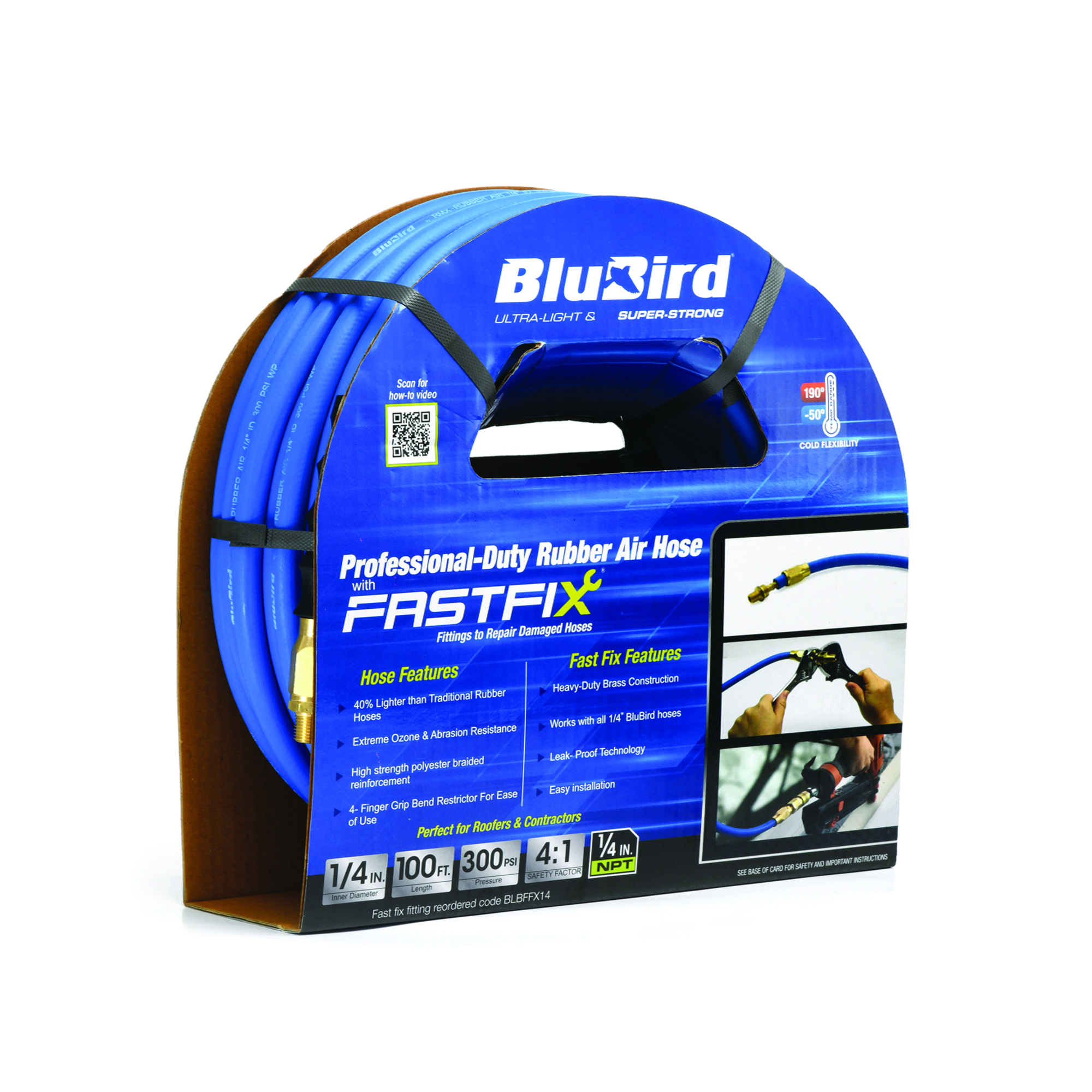 BluBird, Rubber Air Hose Fastfix Edition 1/4in.x100ft., Hose Diameter 1/4 in, Hose Length 100 ft, Model# BB14100-FX