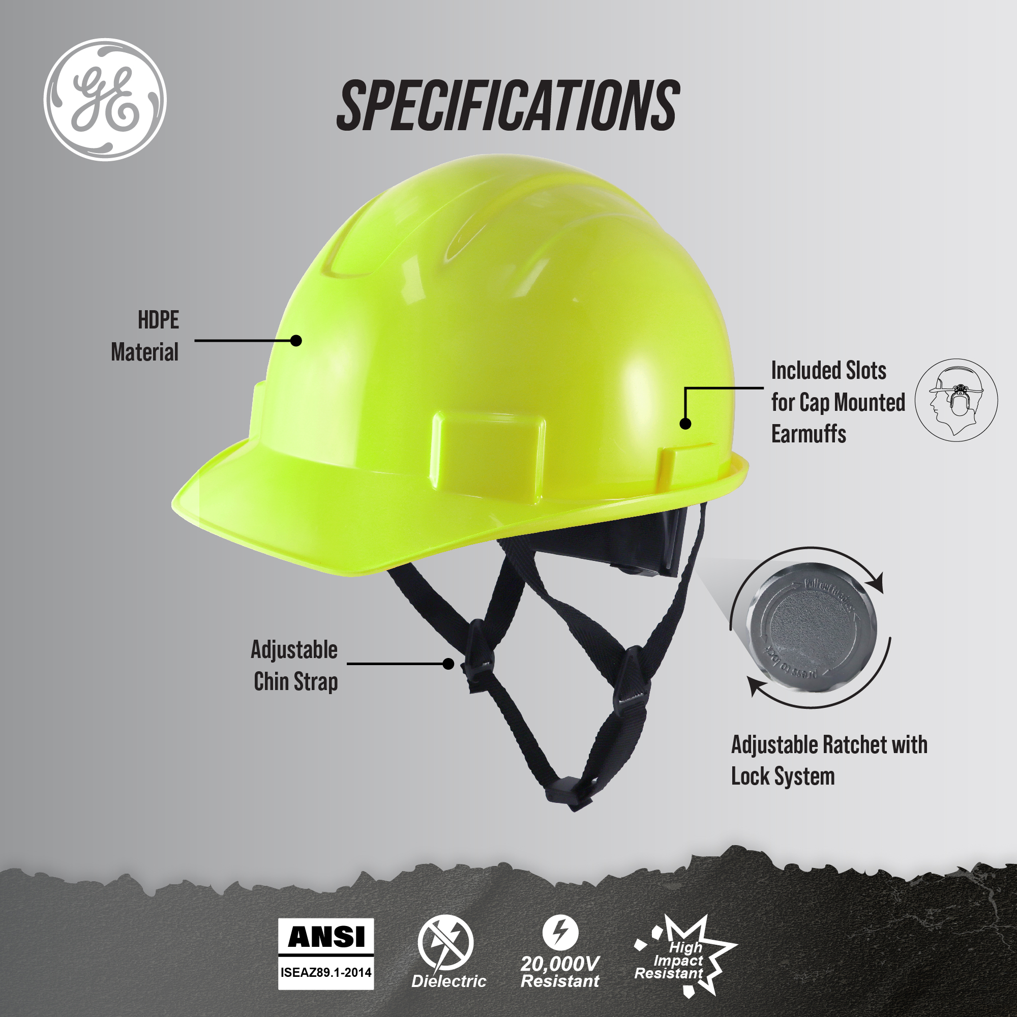 General Electric, SAFETY HI-VIS HARD HAT VENTED, Model# GH327HN