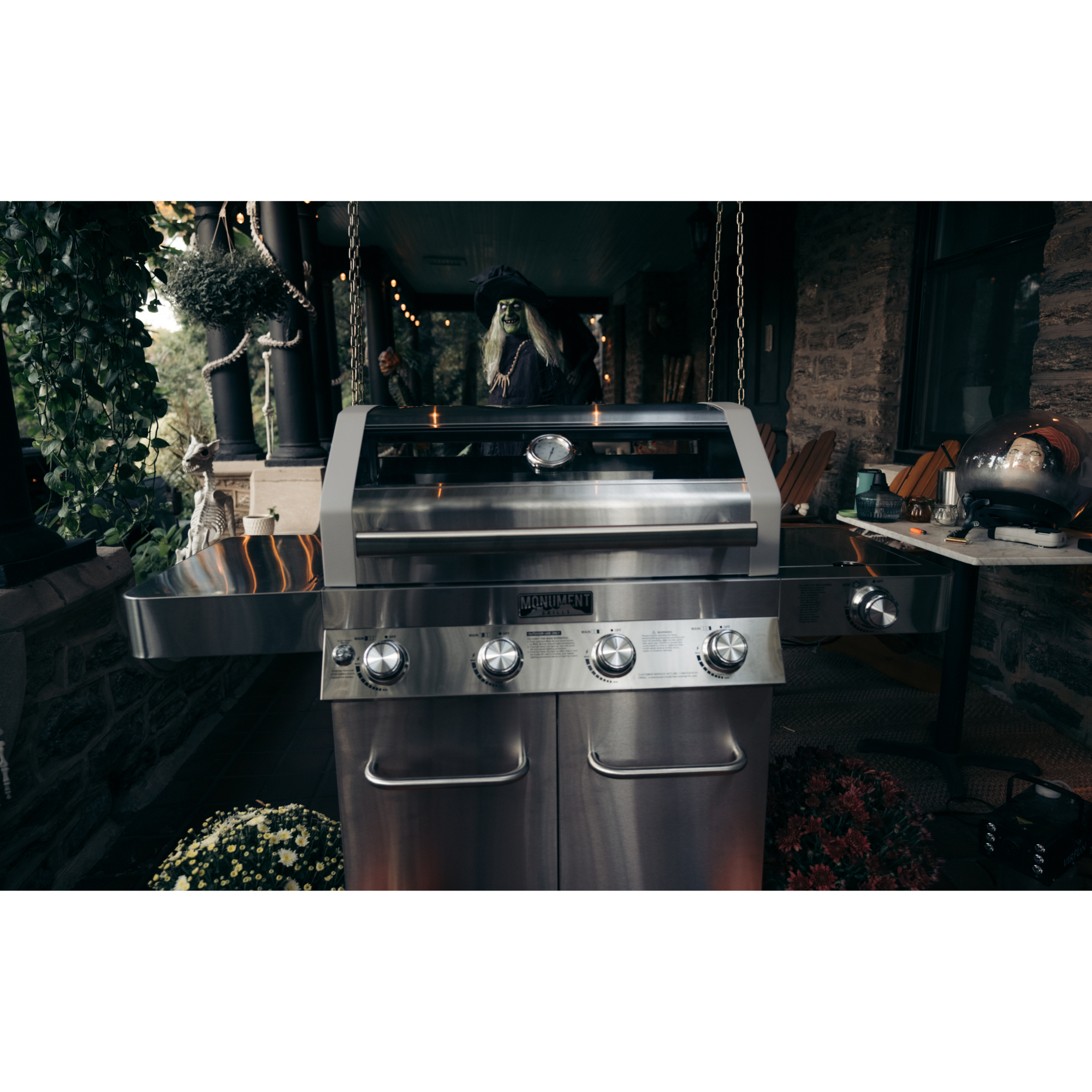 Monument Grills 4-Burner Liquid Propane Gas Grill, Silver Stainless Steel Grill Patio Garden Barbecue Grill with Clearview Lid and One Foldable Shelf, Mesa400MF with BBQ Cover - Thumbnail 3