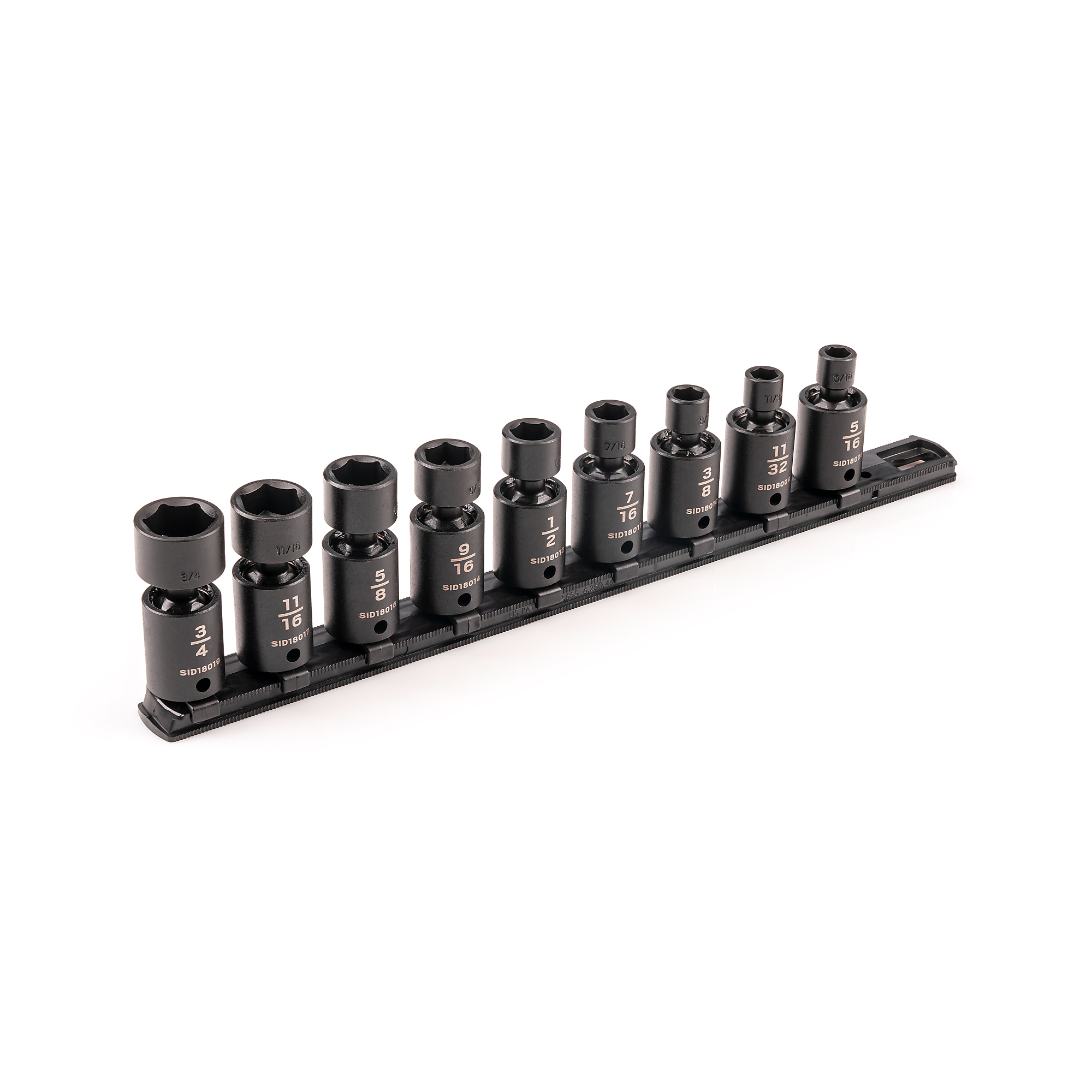 TEKTON 3/8 Inch Drive Shallow 6-Point Universal Joint Impact Socket Set with Rail, 9-Piece (5/16 - 3/4 in.) | SID97100